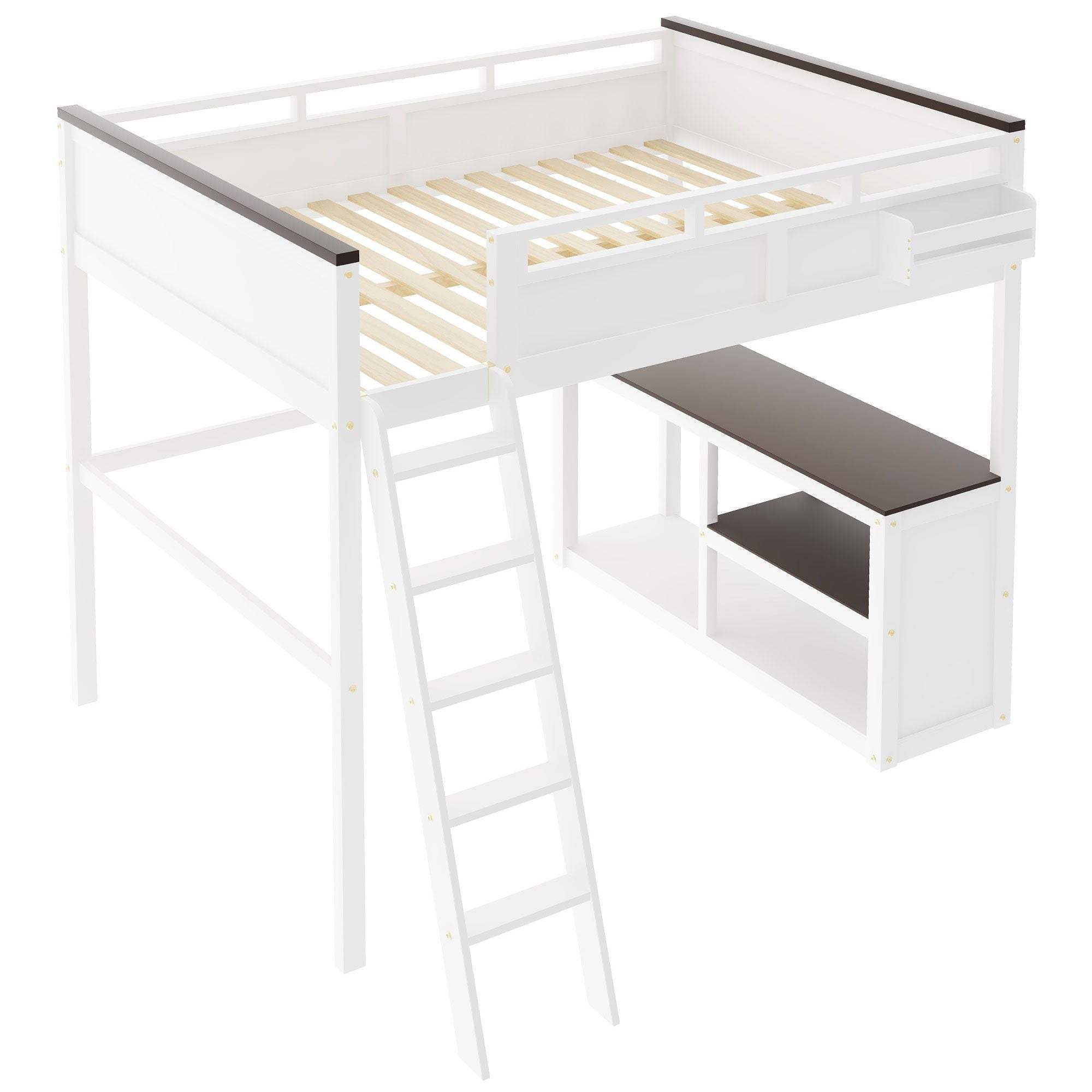 Queen Size Loft Bed With Desk, Open Shelf, Storage Box And USB Charging Station - White
