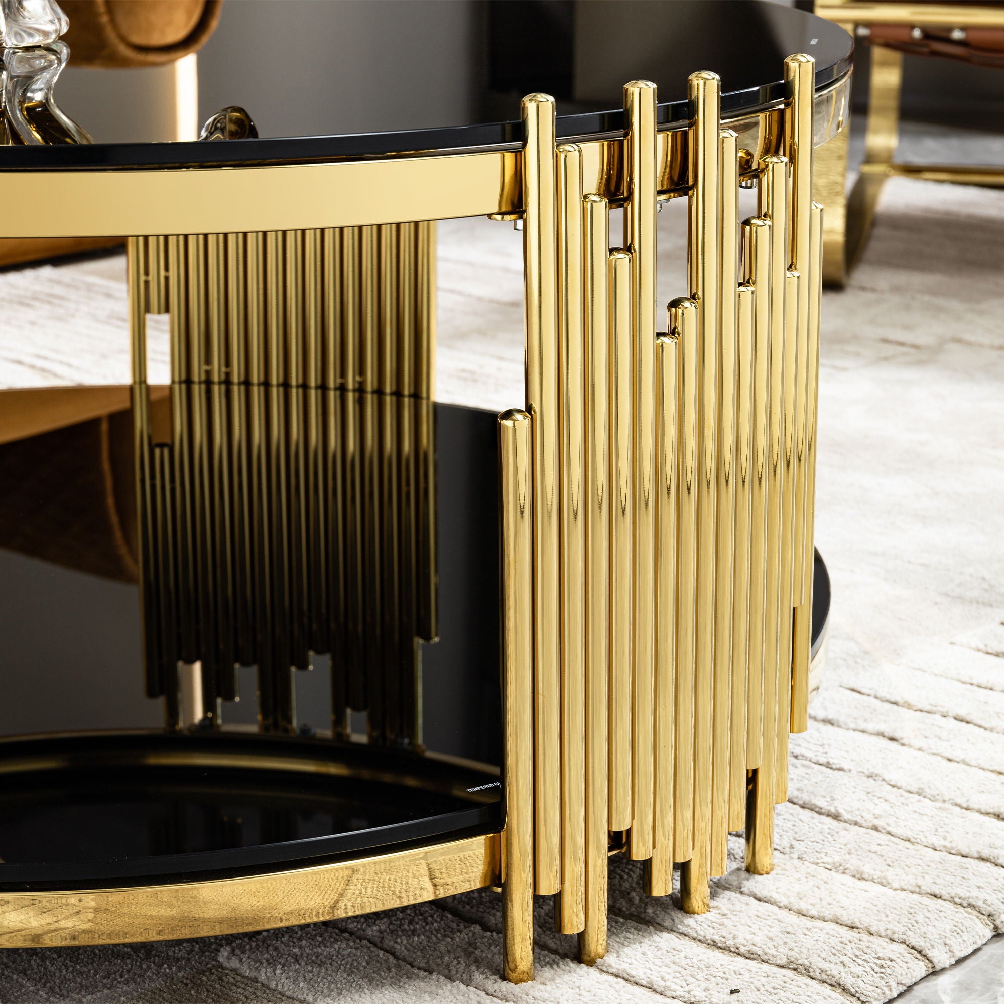 Elegant Round Table With Double Layer Tempered Glass Top And Stainless Steel Frame For Living Room