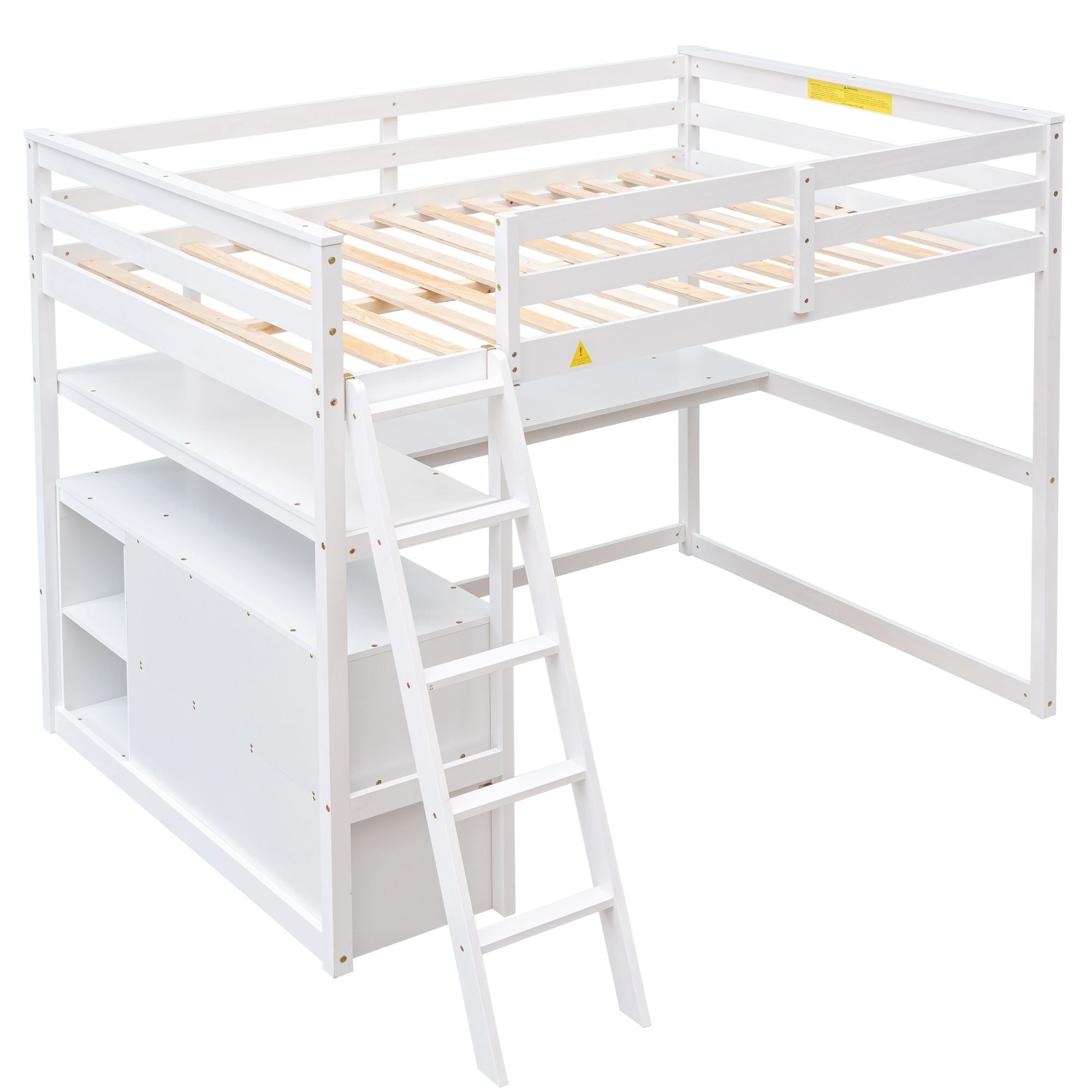Modern Loft Bed With Built In Desk, Shelves, And 2 Drawers