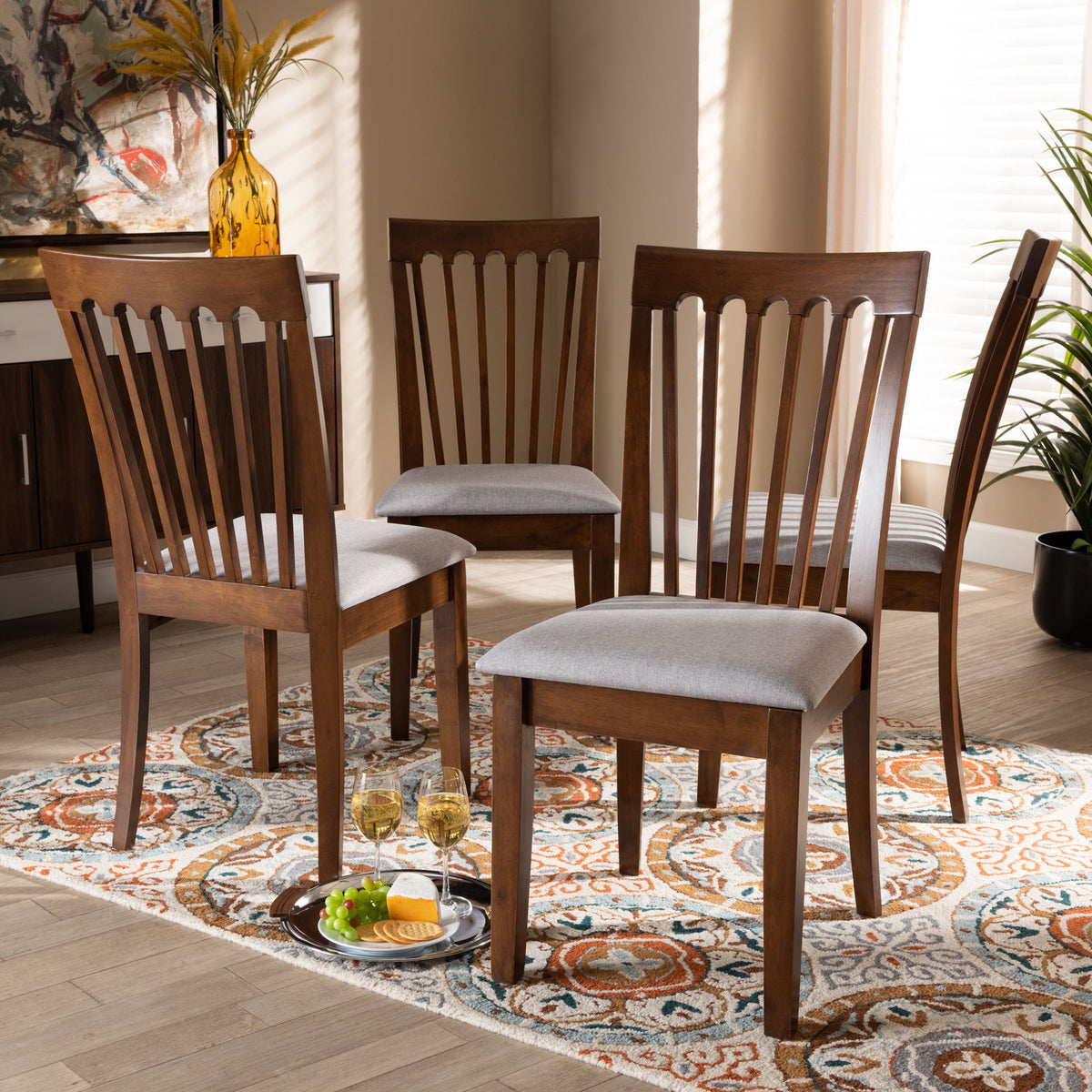 Minette Modern and Contemporary Grey Fabric Upholstered Walnut Brown Finished Wood Dining Chair Set