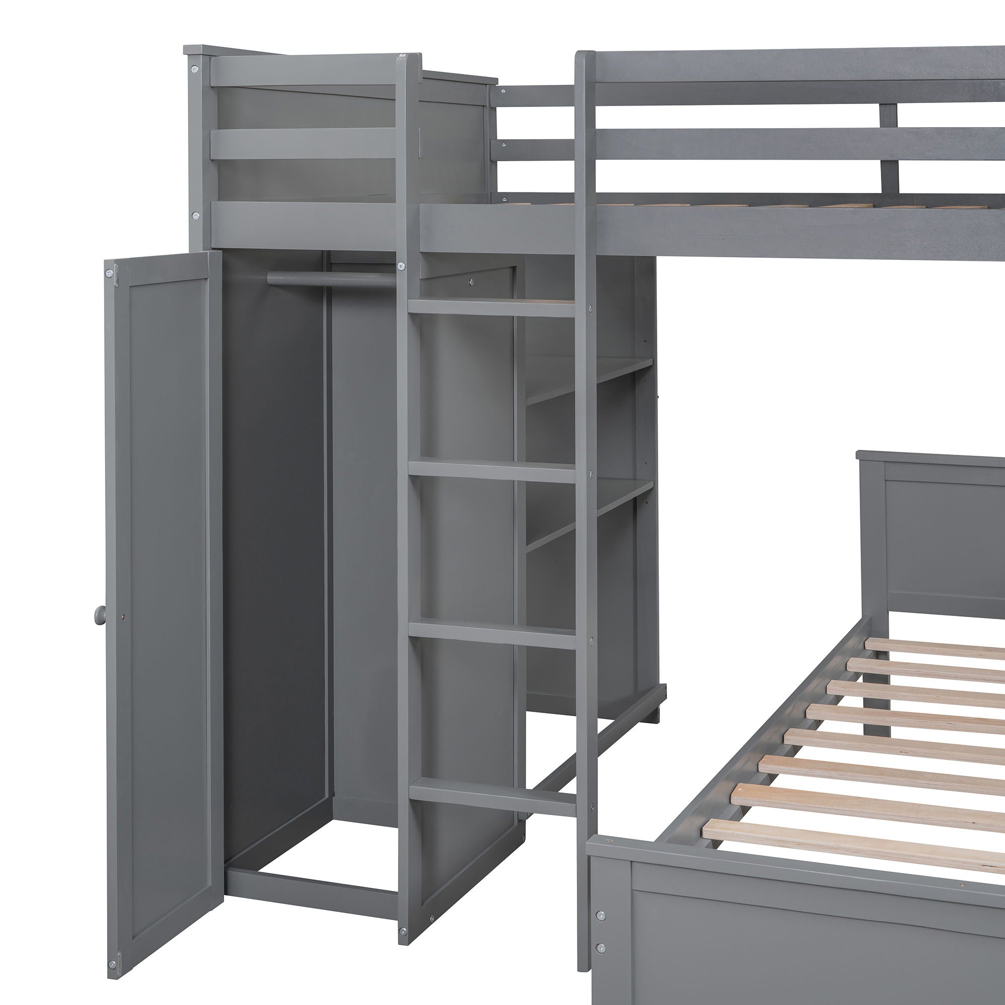 Loft Bed With A Twin Size Standalone Bed, Shelves, Desk, And Wardrobe
