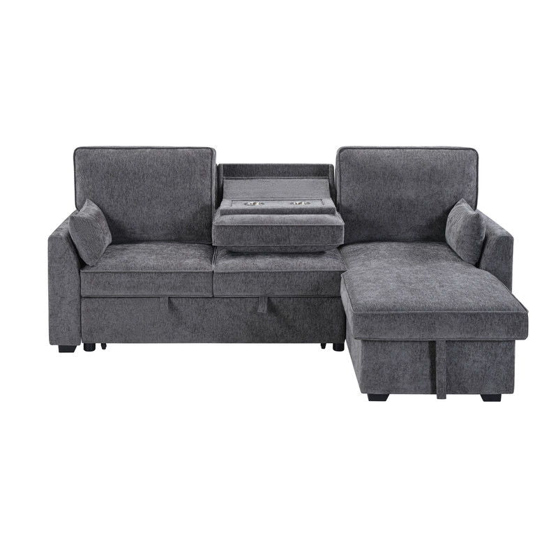 Emmy 89"W Dark Gray Fabric Sleeper Sectional Sofa with Reversible Storage Chaise, USB & USB-C Charging Ports, Cupholders, Pillows