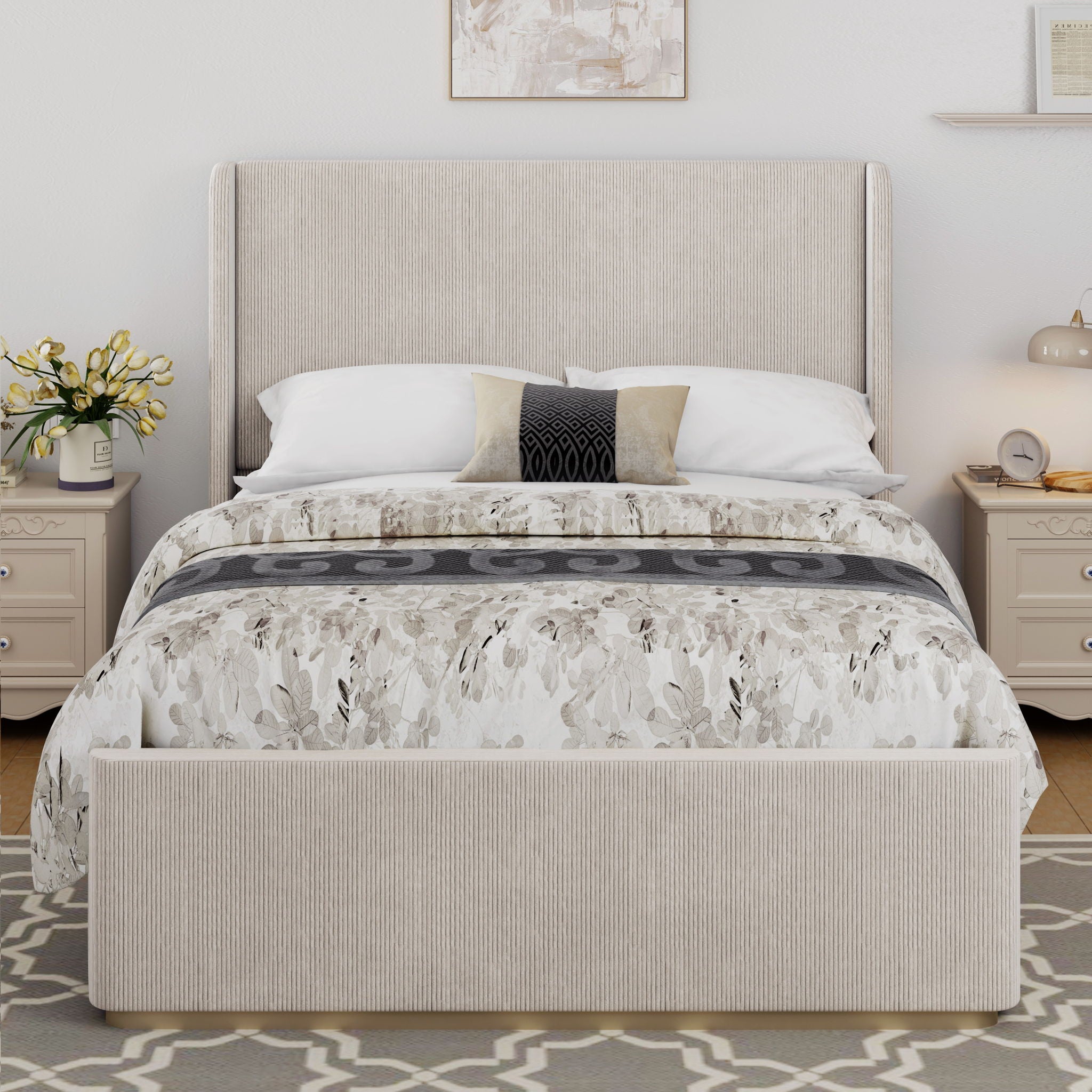 King Size Luxurious Corduroy Upholstered Bed Frame With Vertical Stripe Wingback Headboard And High Footboard - Light Gray