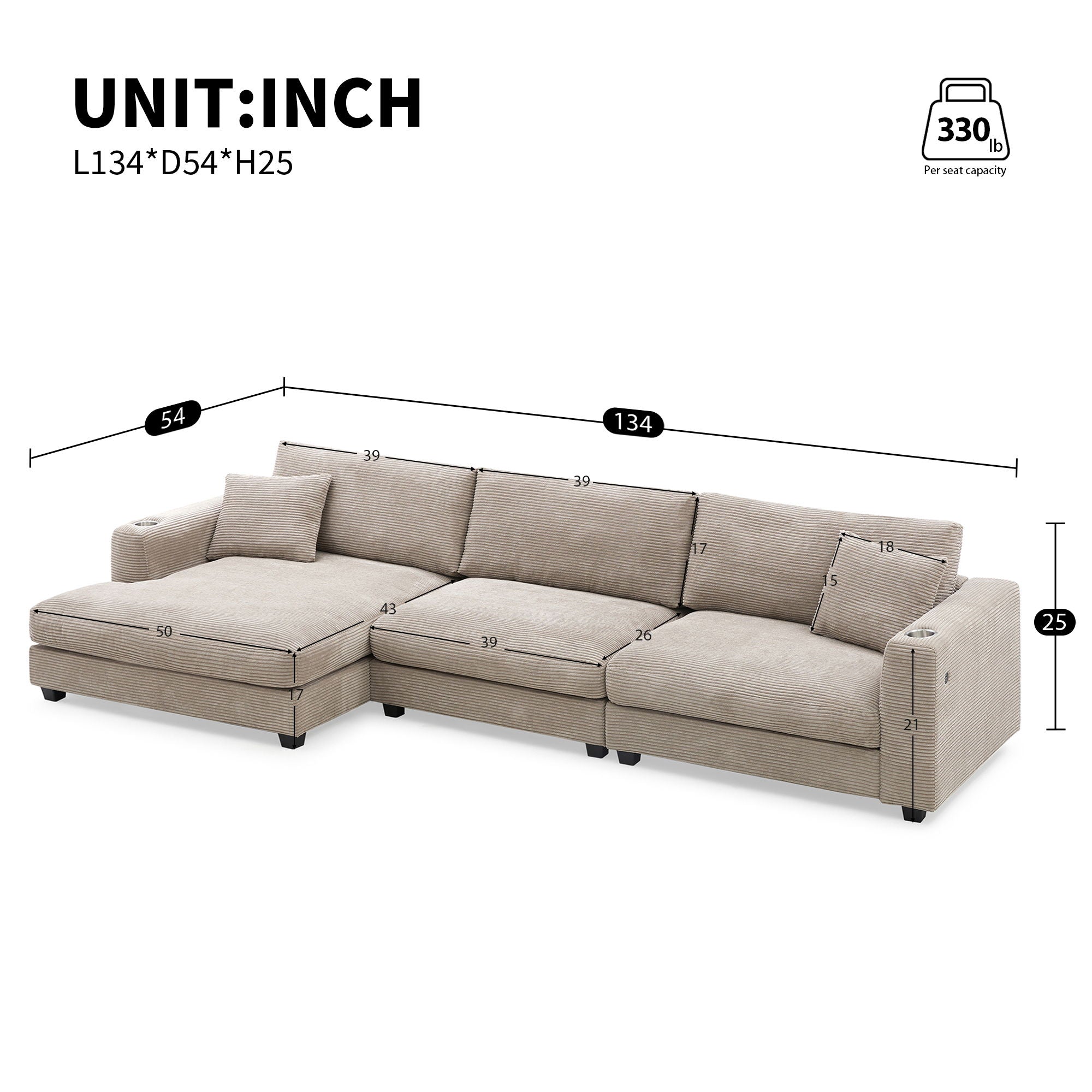 Oversized Sectional L Shaped Cloud Couch With USB Charging Port Cup Holder Deep And Wide Seat Sofa With Chaise Comfy