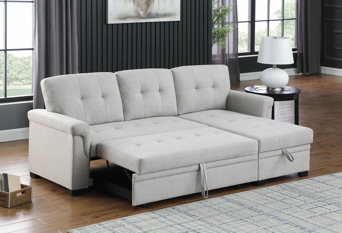 Lucca 84"W Light Gray Linen Reversible Sleeper Sectional Sofa with Storage Chaise