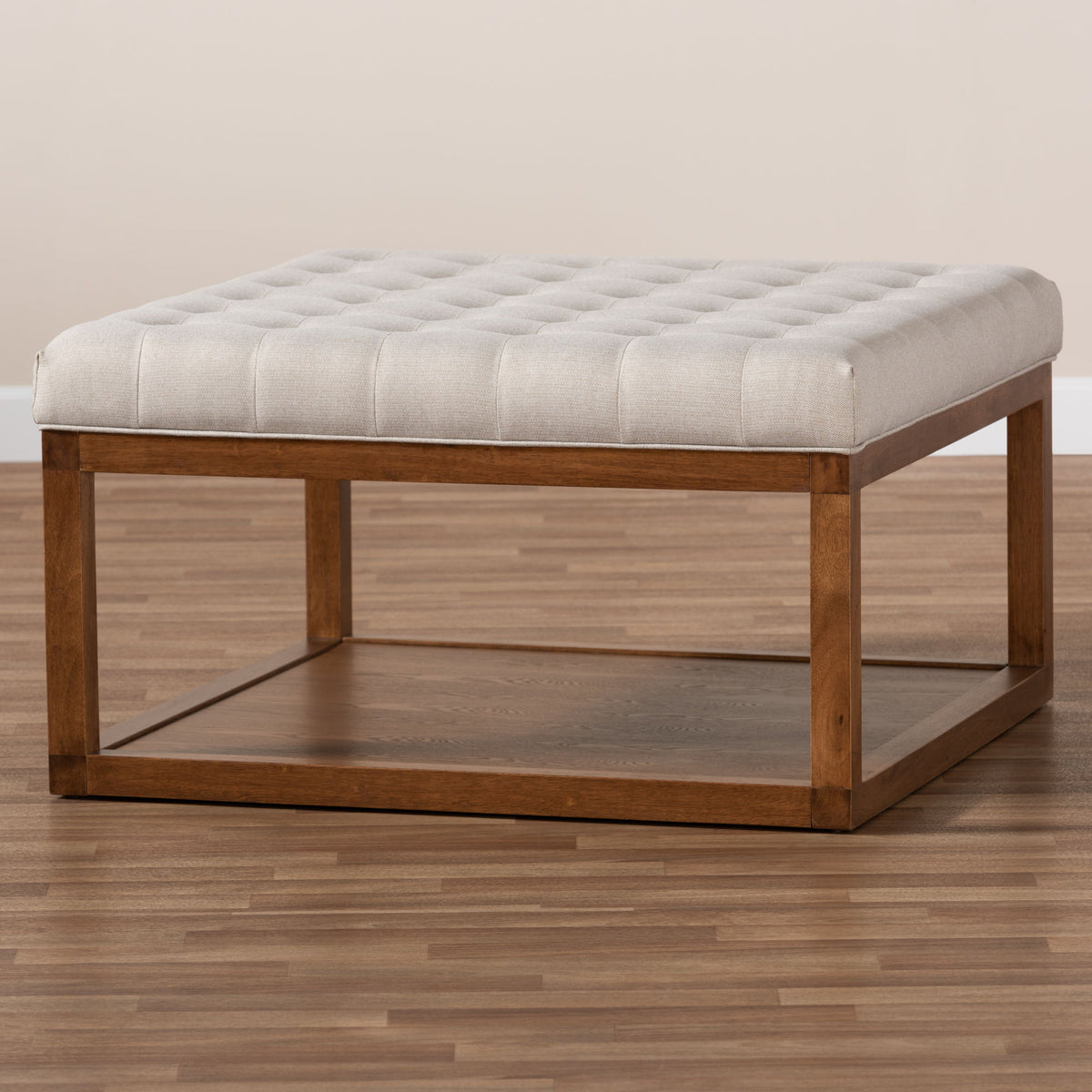 Alvere Modern and Contemporary Beige Fabric Upholstered Walnut Finished Cocktail Ottoman