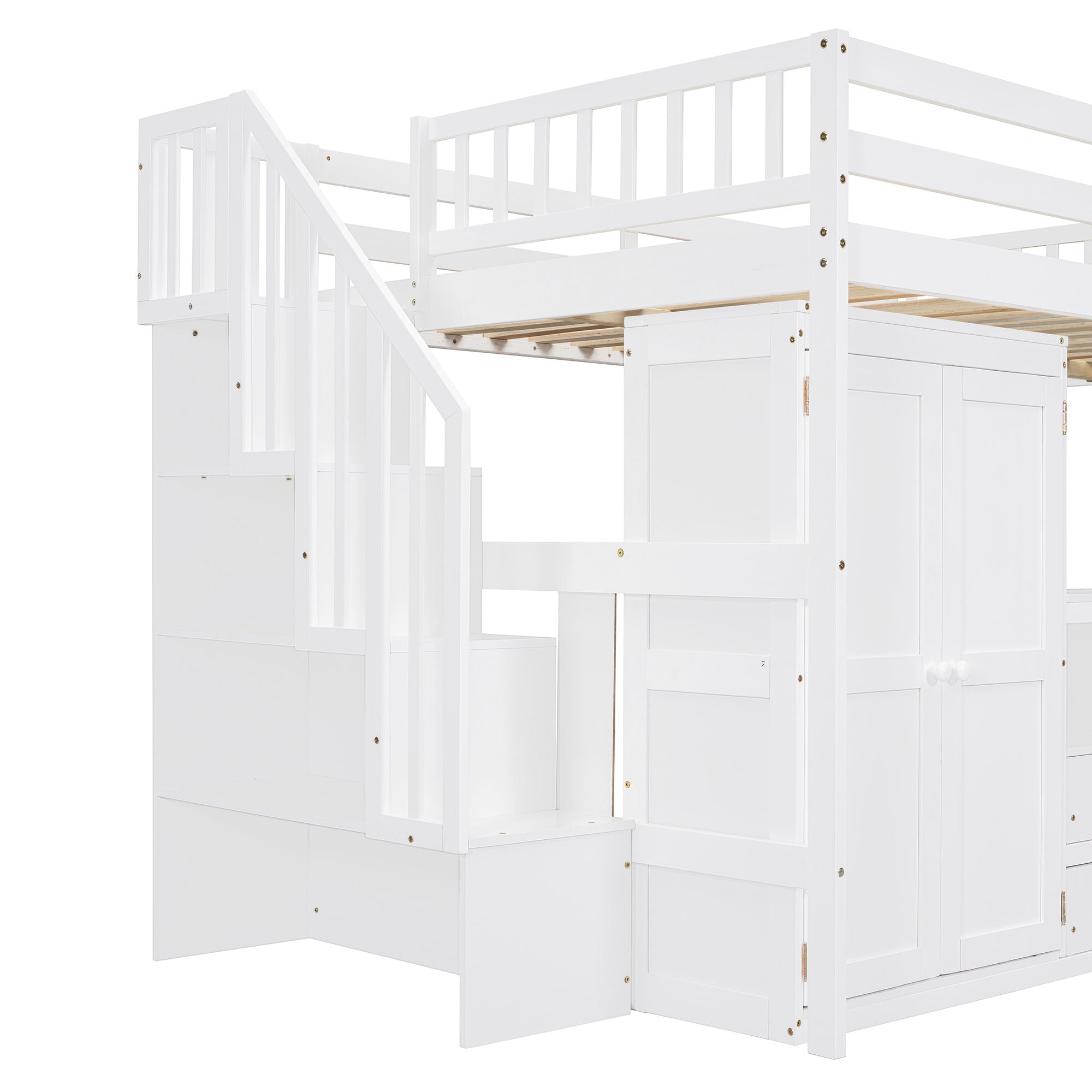 Loft Bed With Stairs, Bookshelf, Drawers, Desk & Wardrobe, Space Saving Multifunctional Furniture
