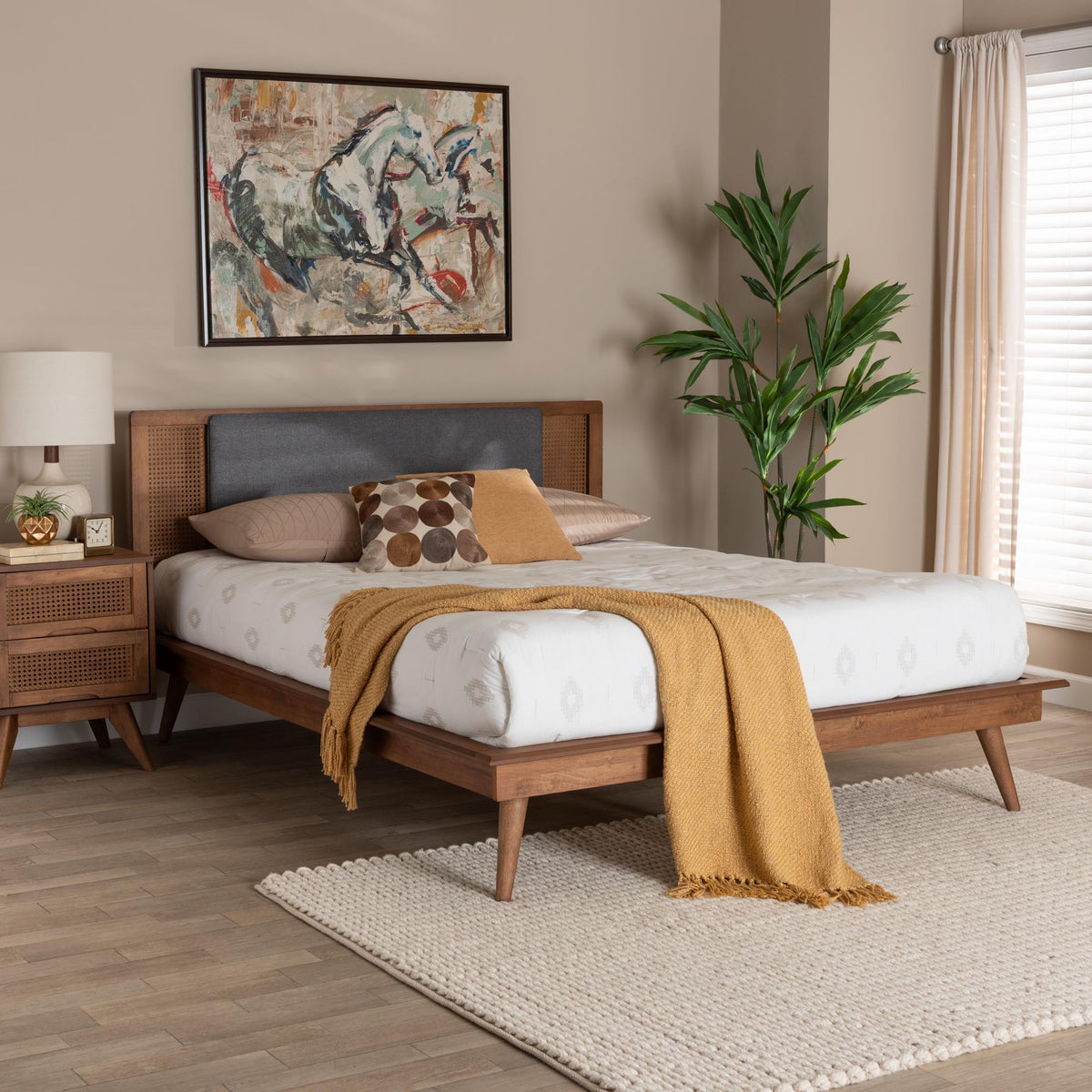 Delfina Mid-Century Modern Dark Grey Fabric and Walnut Brown Finished Wood Queen Size Platform Bed