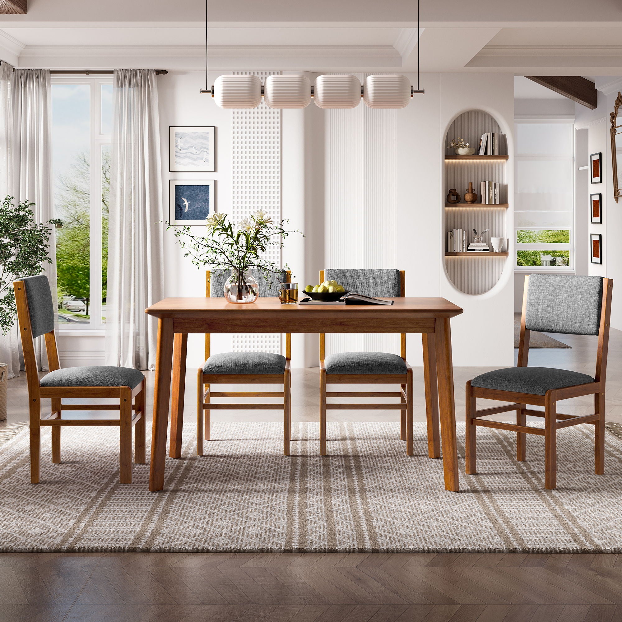 5 Pieces Rectangle Wooden Dining Table Set, Mid Century Modern Kitchen Table And 4 Upholstered Chairs For Home, Saving Space - Brown / Gray