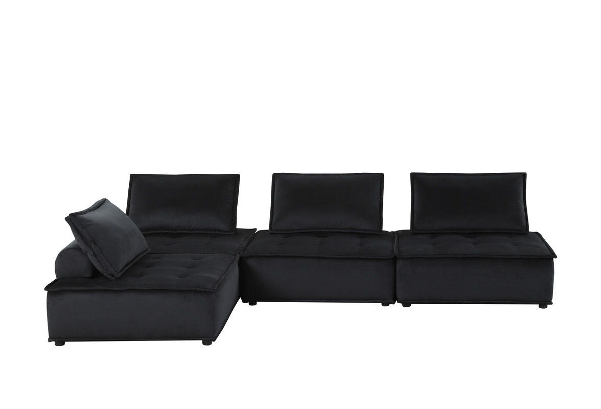 Anna 120"W Black Velvet 4 Pc Modular Sofa