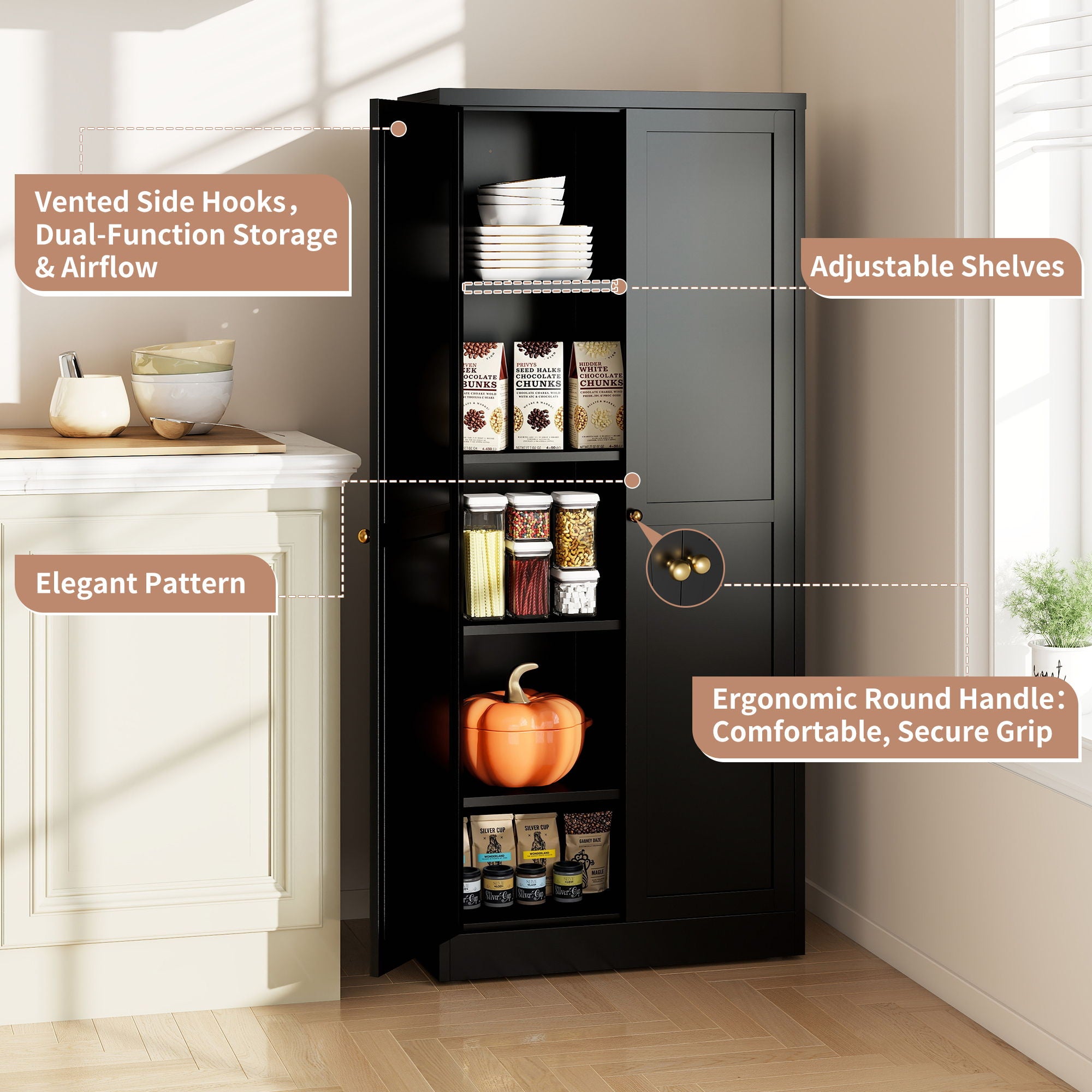 Kitchen Pantry Cabinet With 4 Adjustable Shelves, Heavy Duty Freestanding Organizer