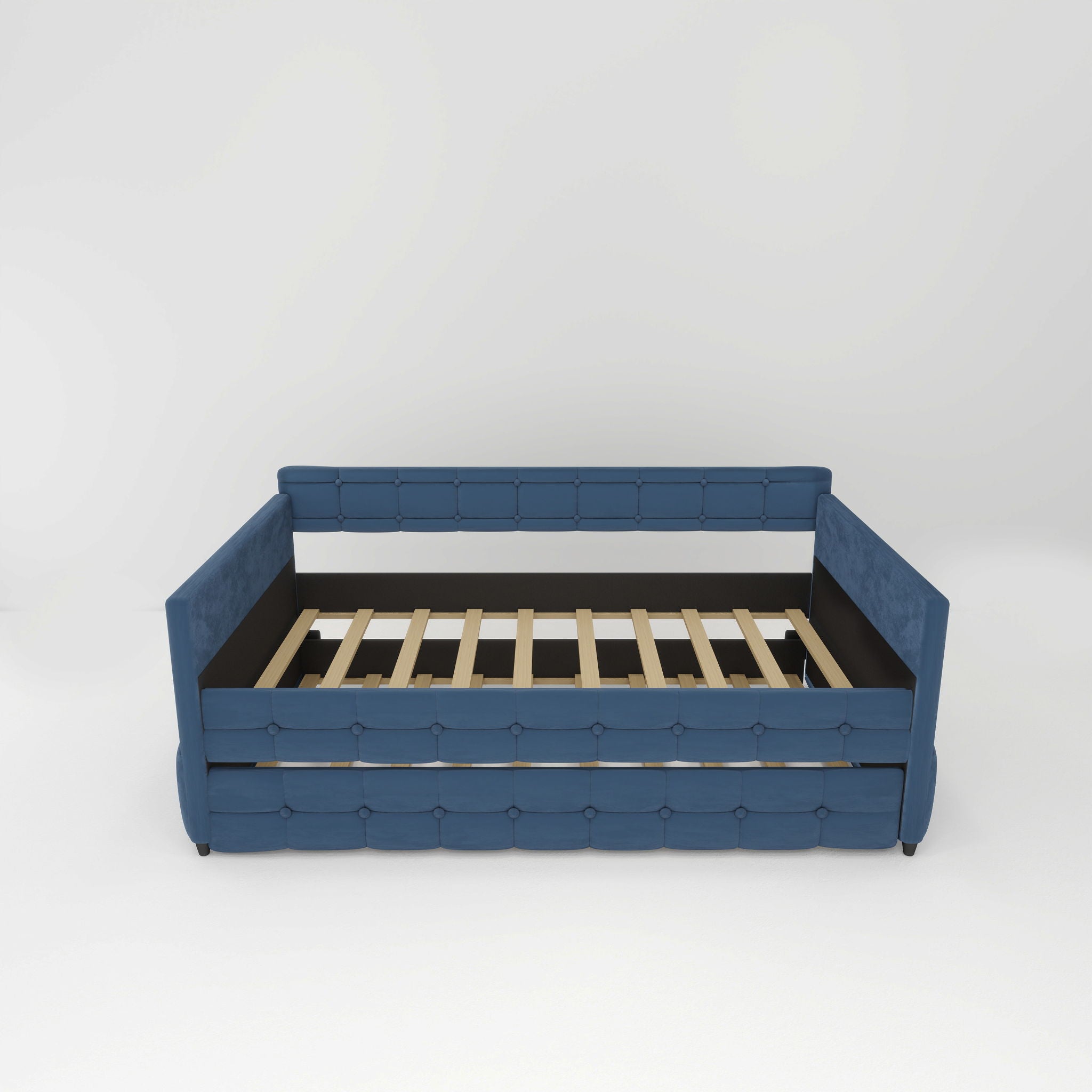 Upholstered Twin Size Daybed Bed Frame (Corner Bed) With Trundle, Velvet Fabric, Studding Design, No Box Spring Required