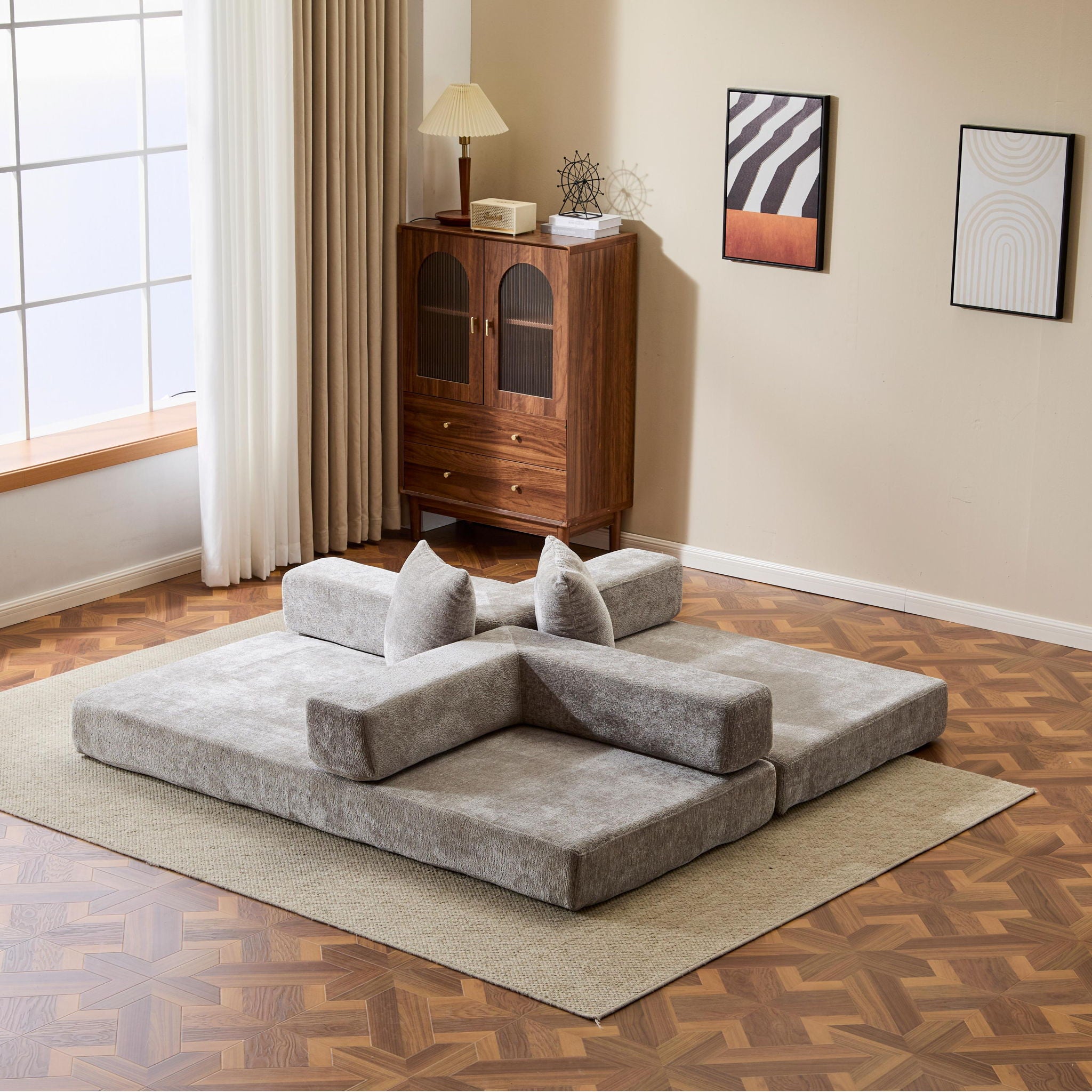 Convertible Floor Sofa Bed With Pillow Back Support Armrest