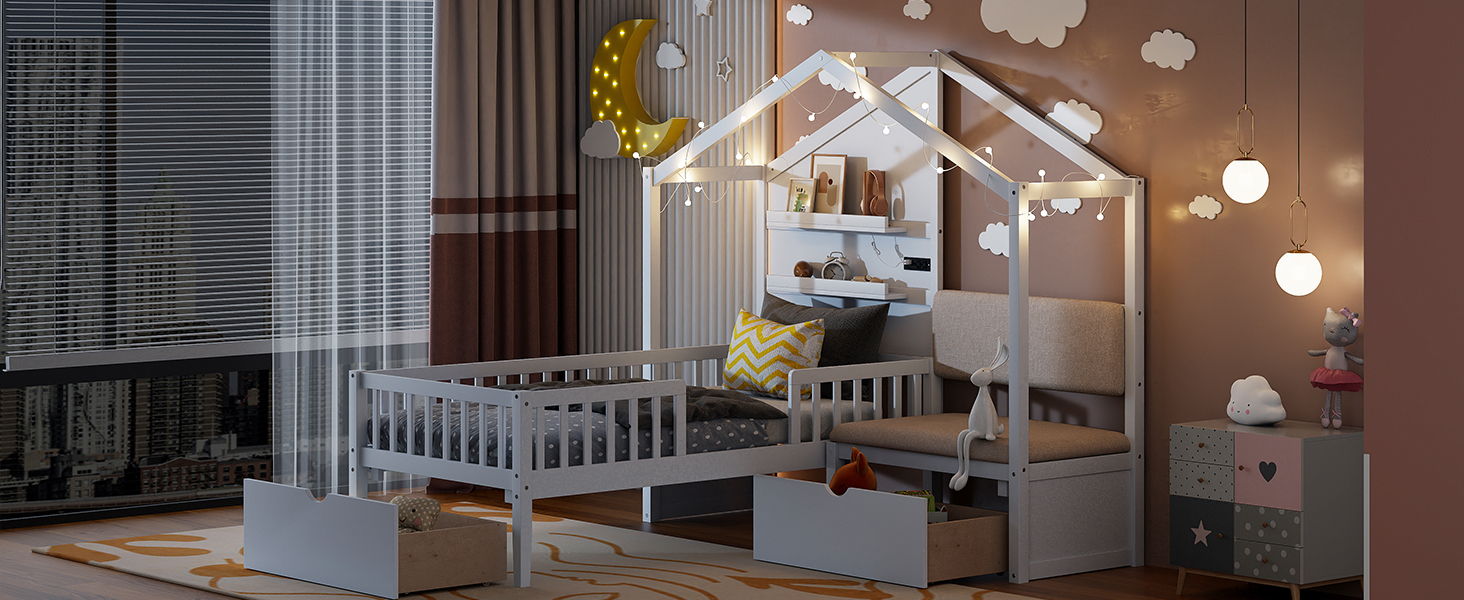 House Bed With Upholstered Sofa, Wireless Charging Station, Shelves And 2 Drawers