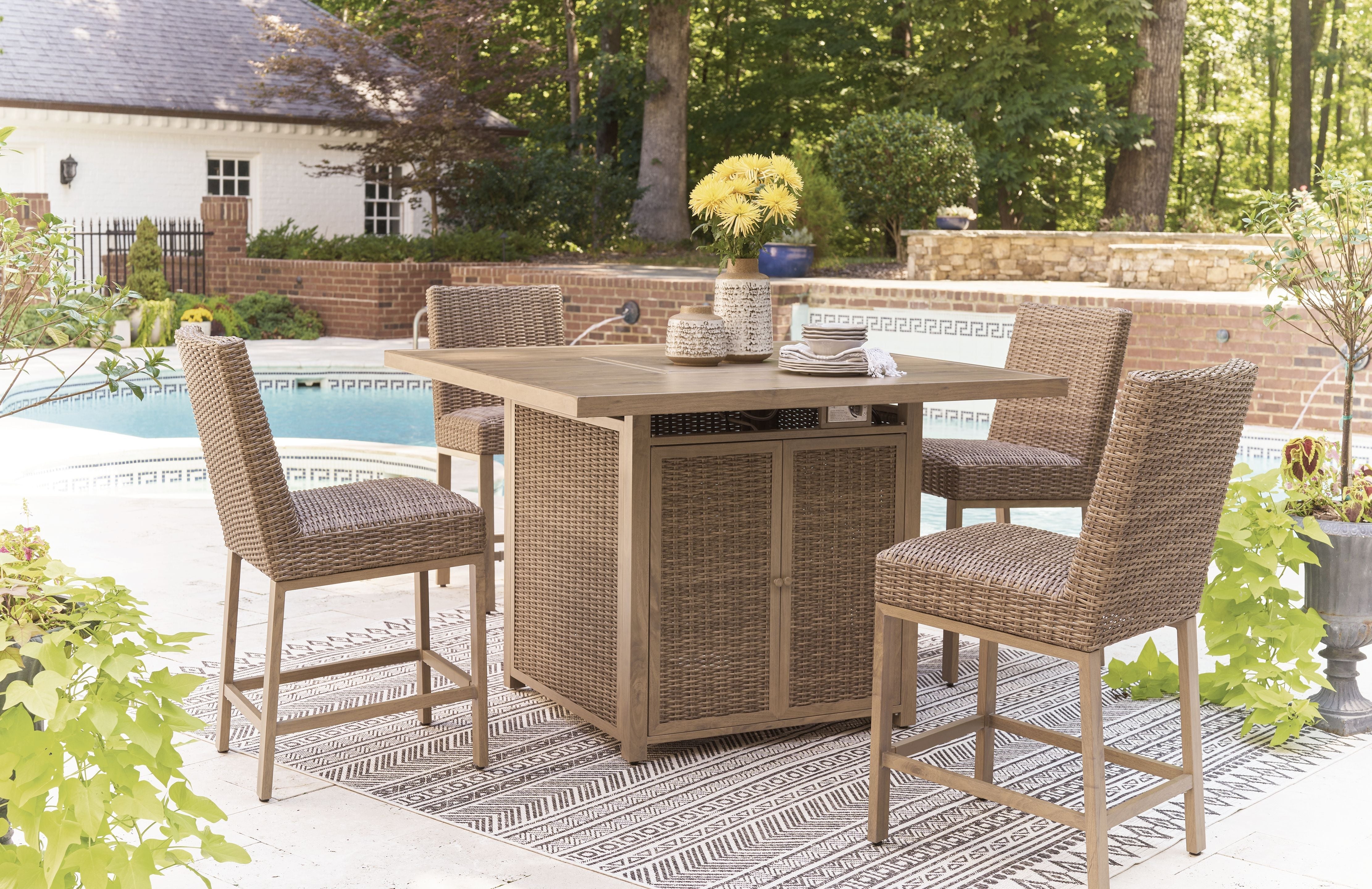 Signature Design by Ashley® Walton Bridge - Driftwood - 5 Pc. - Square Bar Table W/Fire Pit, 4 Barstools | Meri Furniture