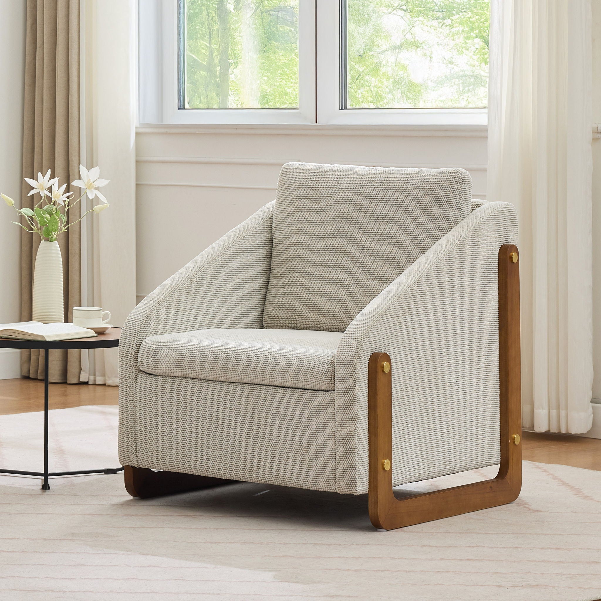 Modern Chenille Upholstered Armchair With Wooden Side Frame