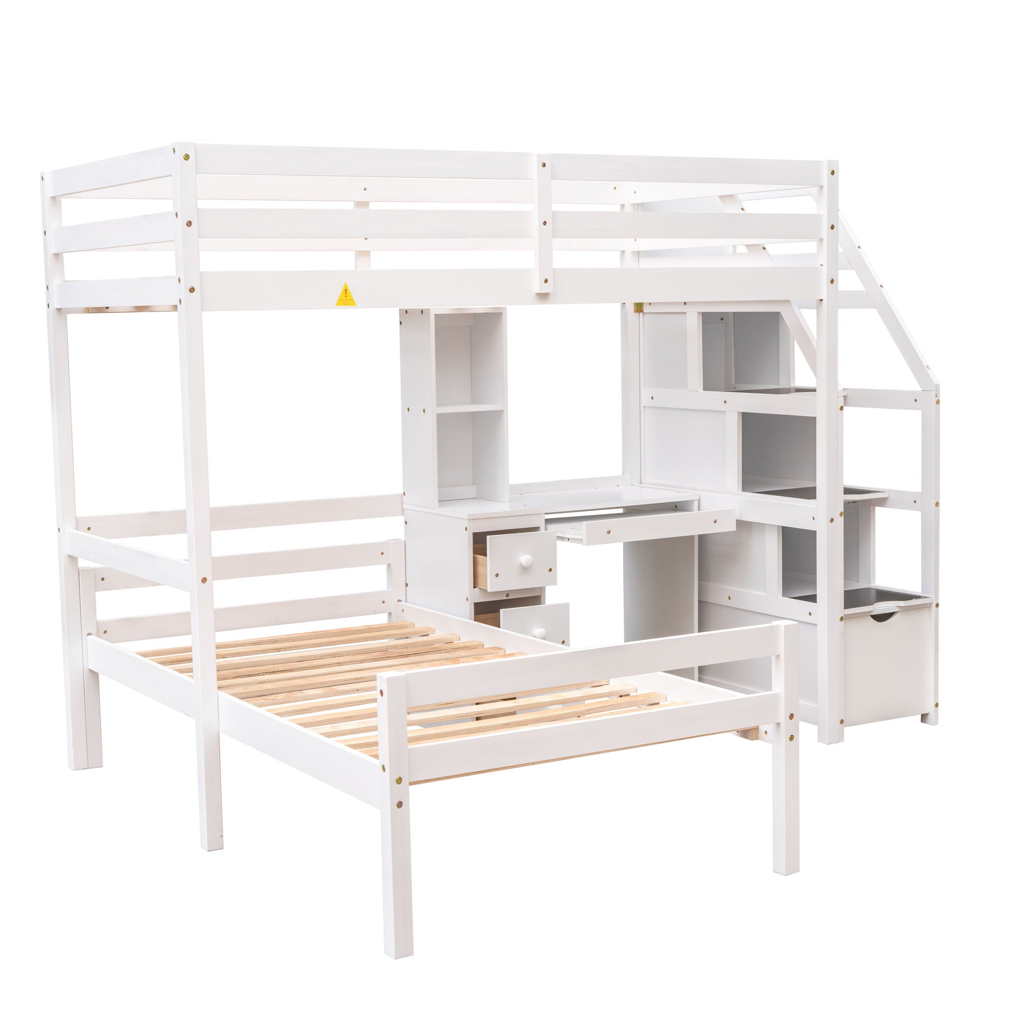 Loft Bed With Stand Alone Bed, Storage Staircase, Desk, Shelves, And Drawers