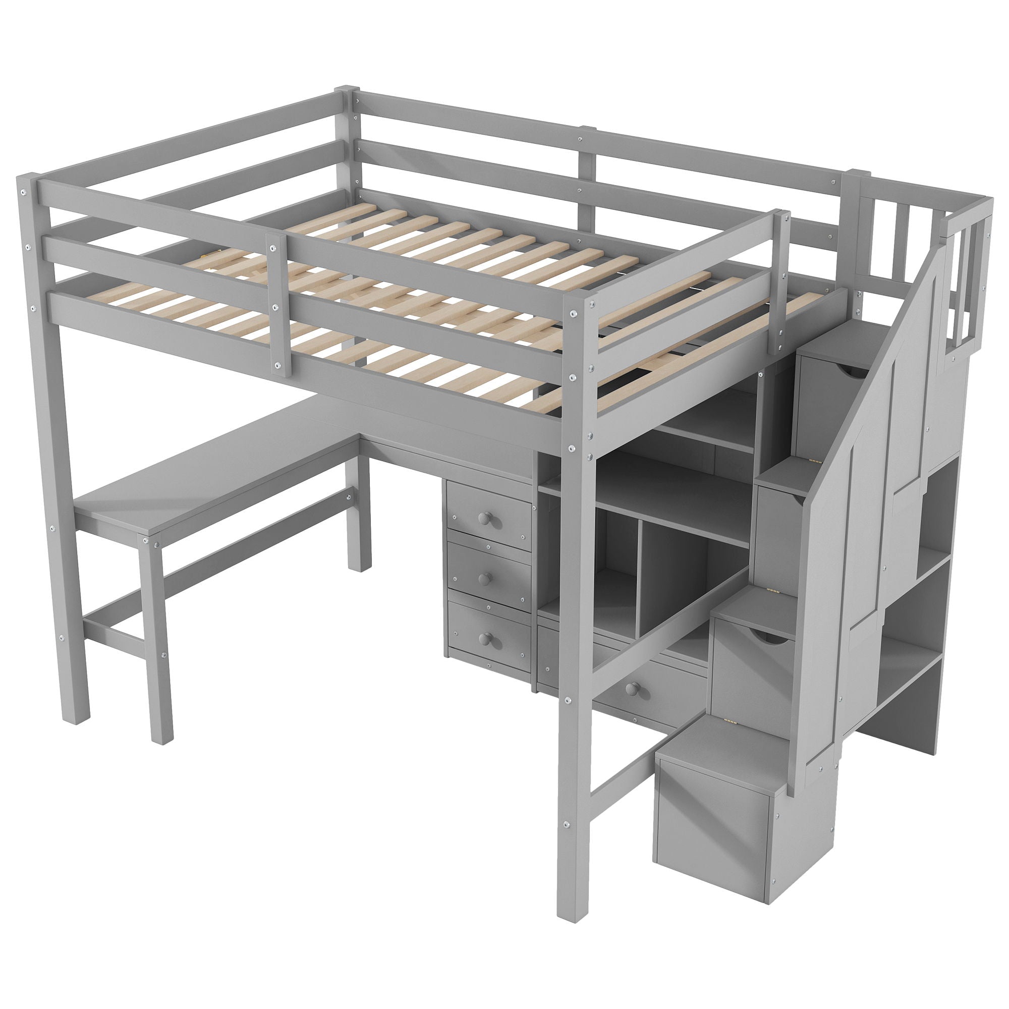 Loft Bed & L Shaped Desk, Drawers, Cabinet, And Storage Staircase