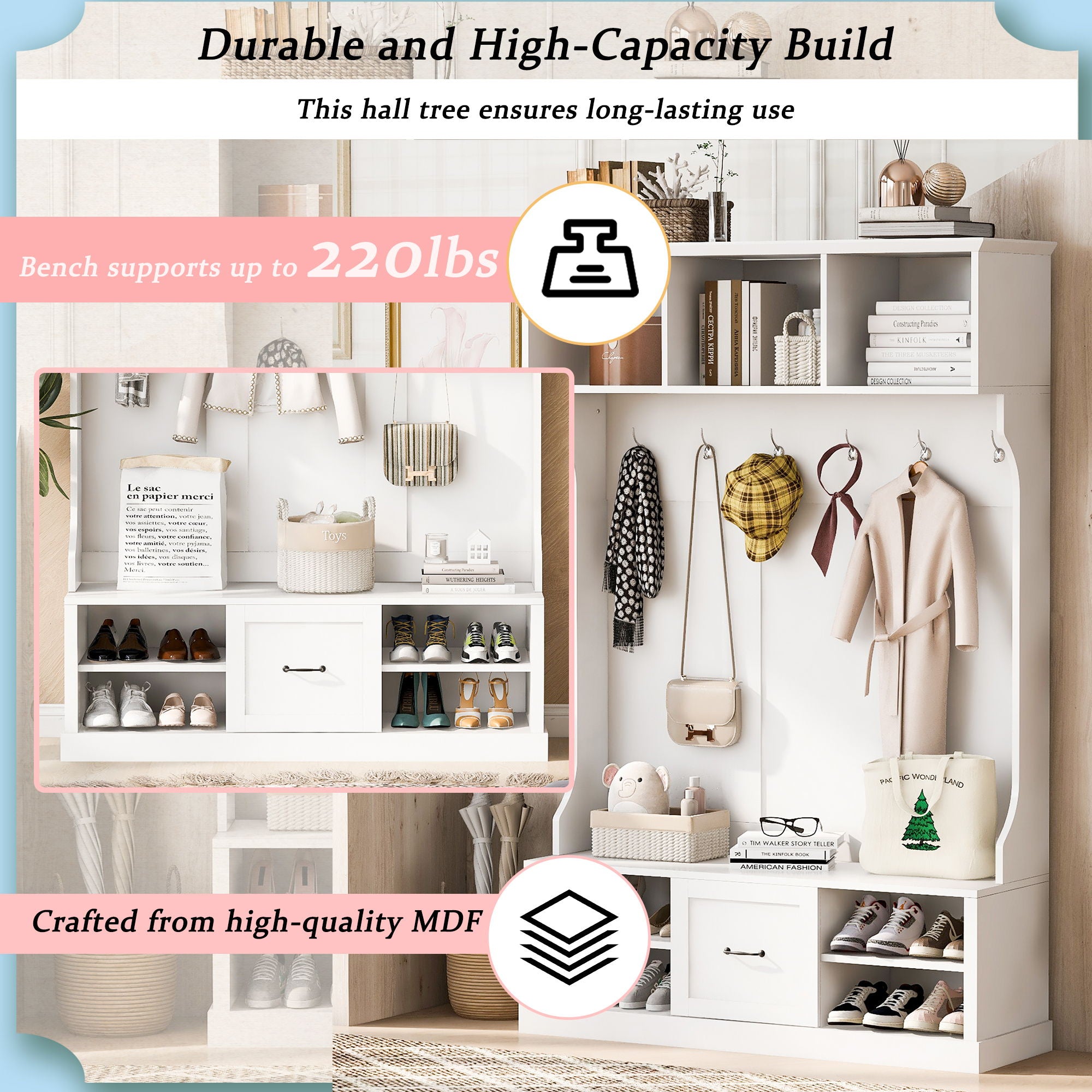 Hall Tree With 6 Hooks, Coat Hanger, Entryway Bench