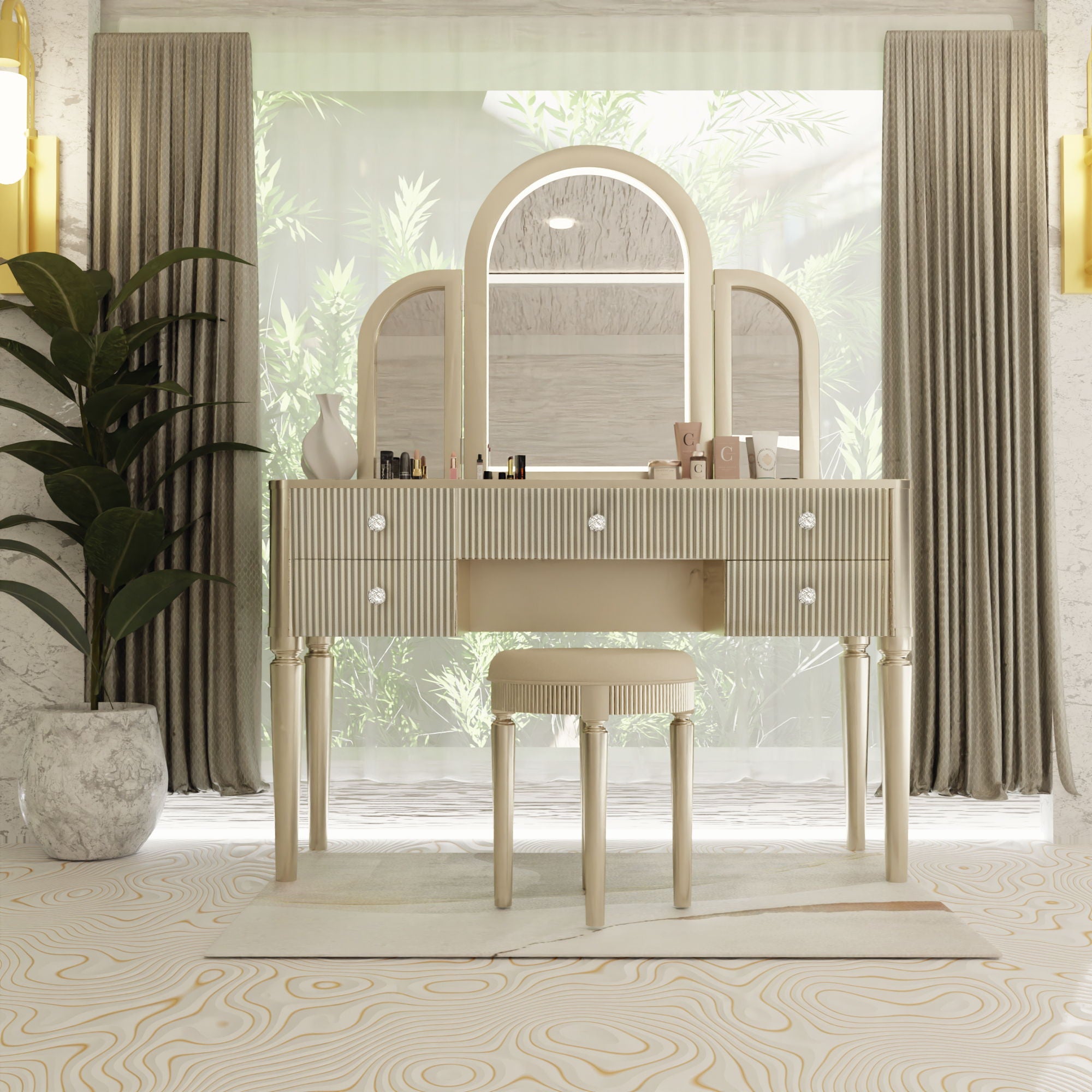 Mirrored Makeup Vanity Table Set With Adjustable Lighting And Storage