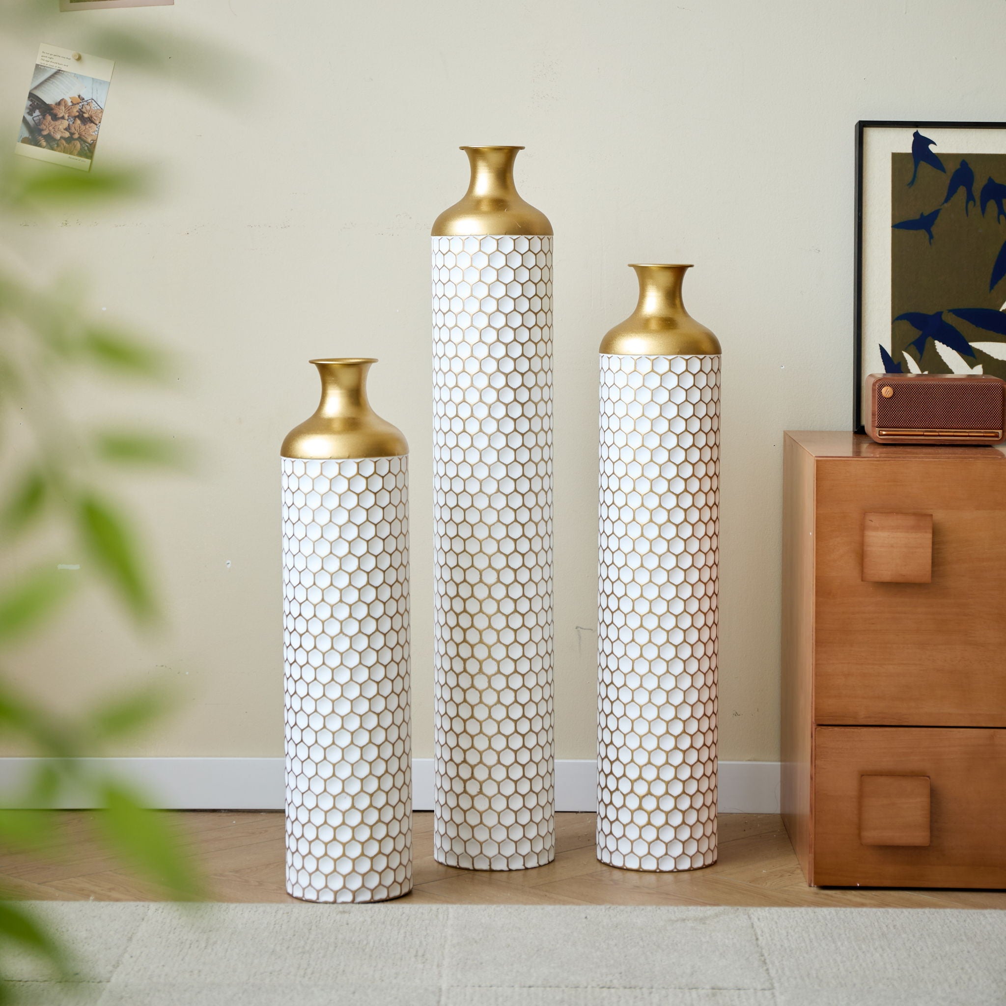 3 Piece Set Gorgeous Home Decoration Large Glazed Floor Vase Decoration Home Droplet Shaped - Gold / White