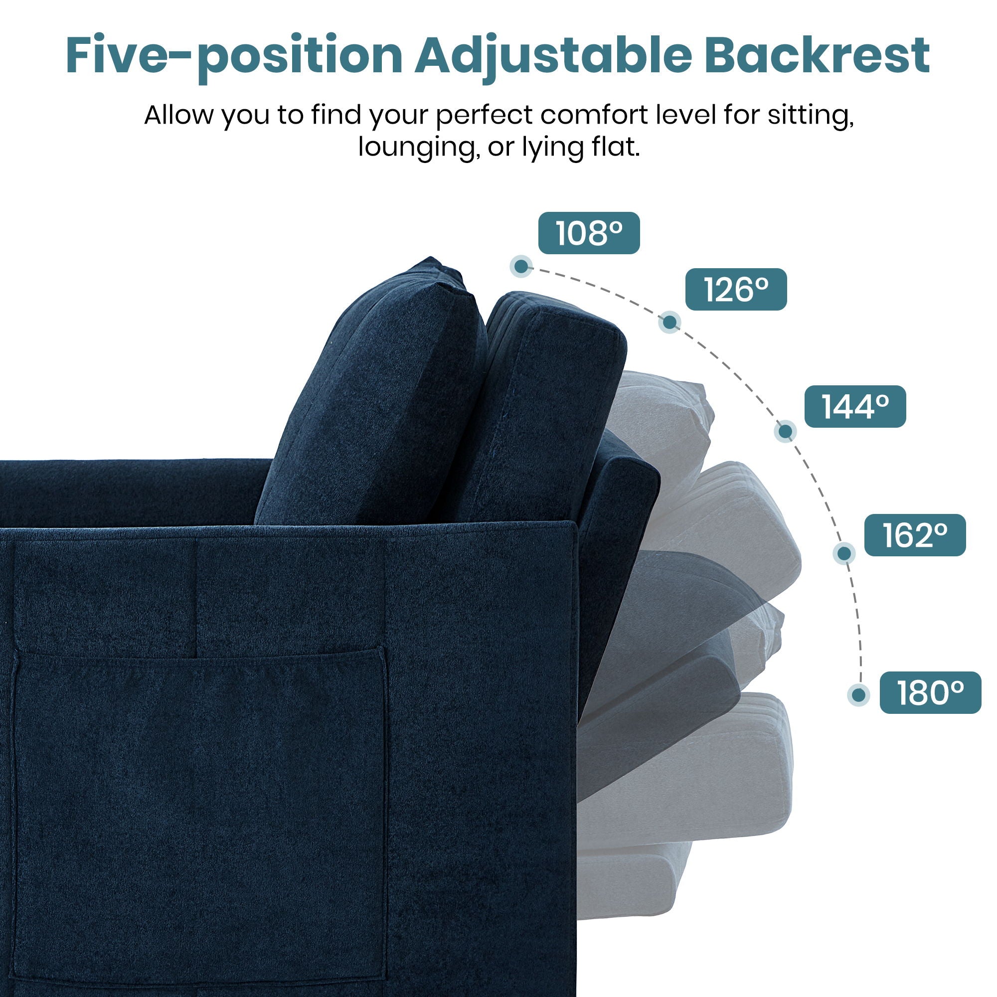 Upholstered Convertible Sleeper Sofa With 5 Position Backrest, Side Pockets, Storage