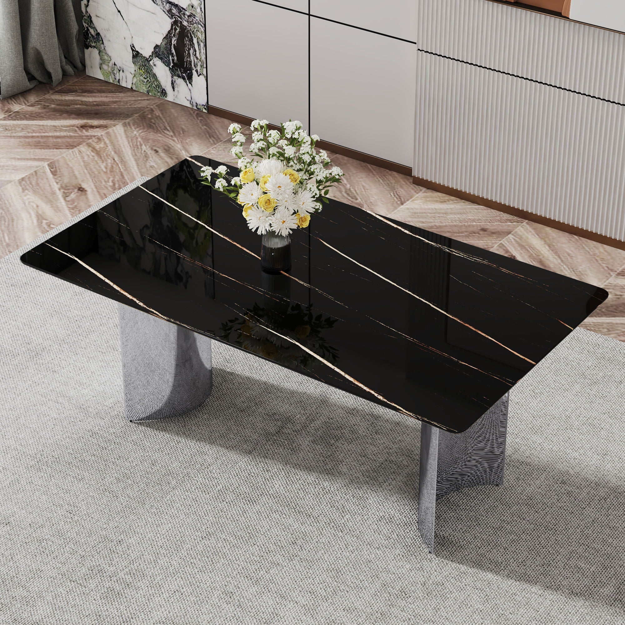 Modern Minimalist Dining Table With Imitation Marble Glass Desktop And Metal Legs