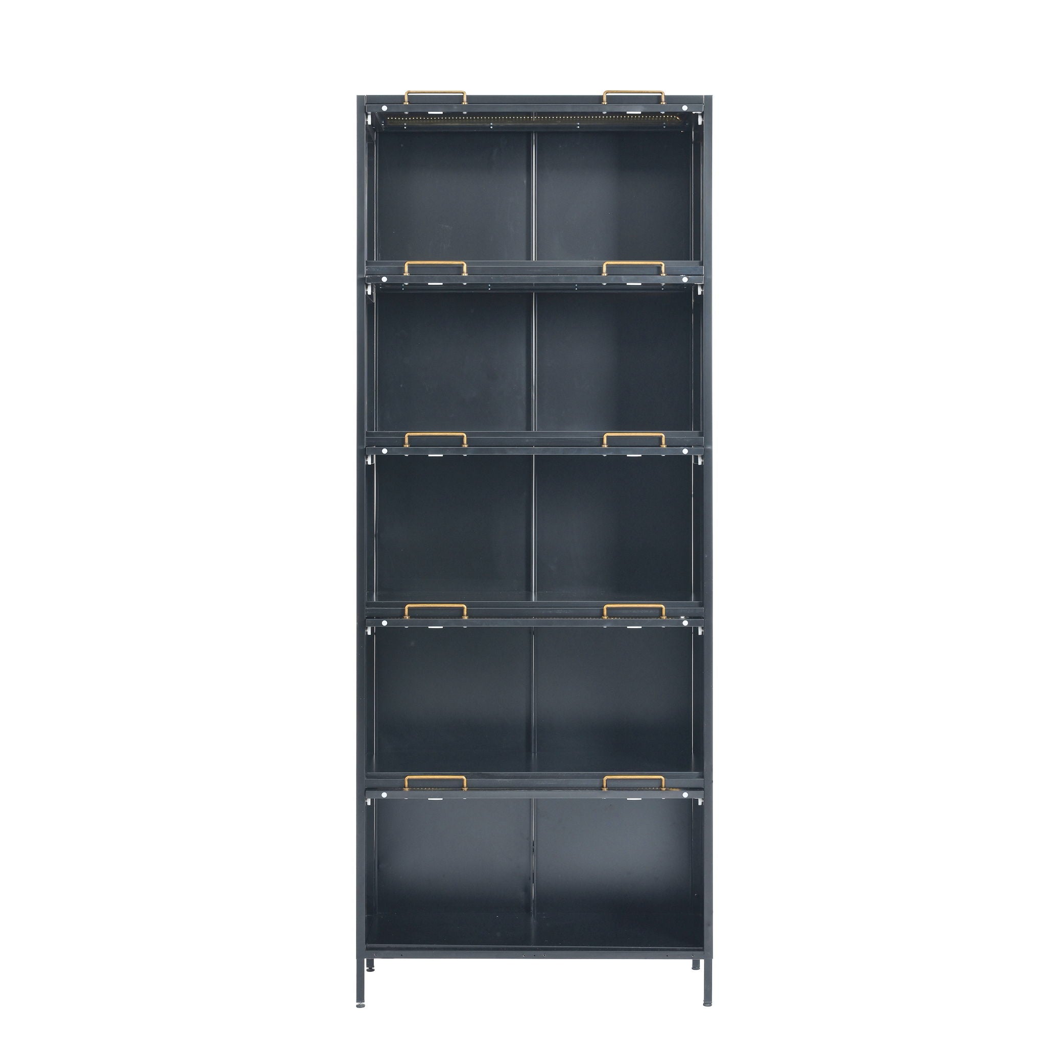 Modern Steel Display Cabinet With Glass Doors And LED Lights, 5 Tier Steel Barrister Bookcase For Home Or Office - Black