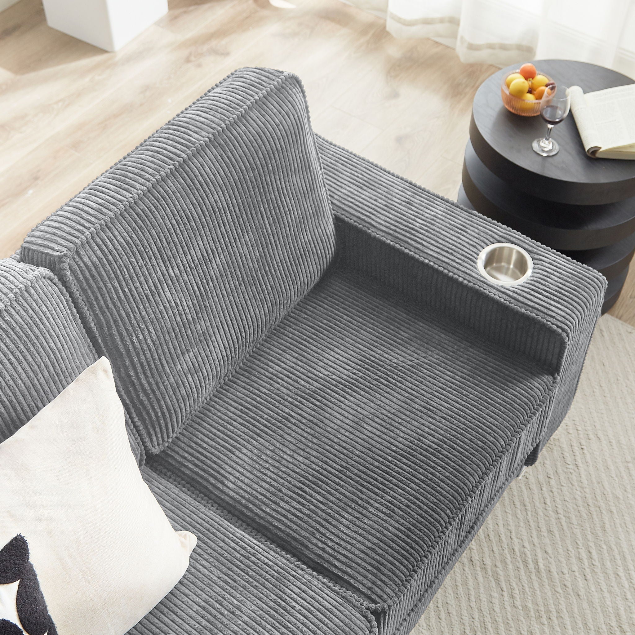 Modern Corduroy Fabric Sofa, 3 Seater Compressed Couch With Cup Holders