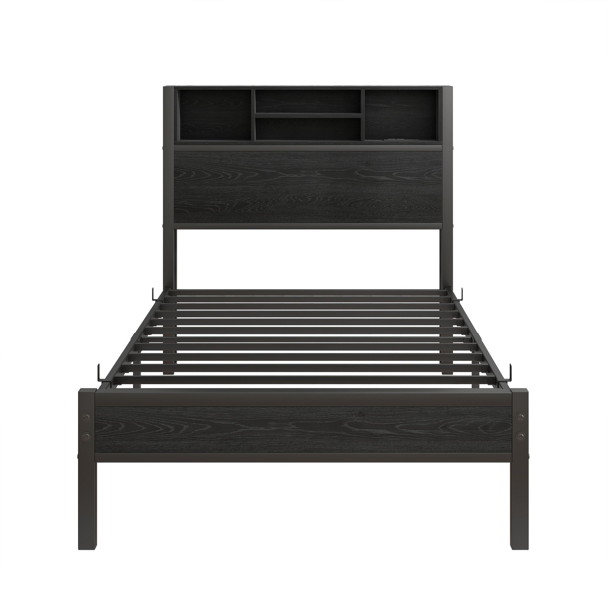 Modern Metal Platform Bed Frame With Storage Headboard And Charging Station