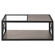 Industrial Style Coffee Table For Bedroom & Living Room With Tempered Glass & Wood Grain - Wood