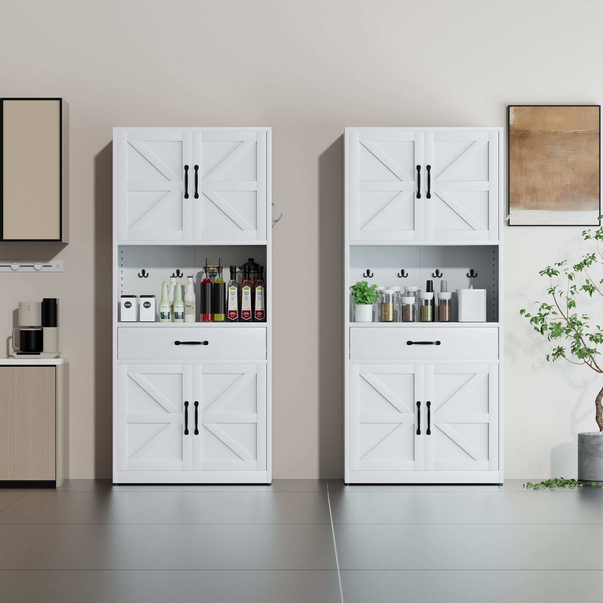 Kitchen Pantry Cabinet With Adjustable Shelves, Drawers, Hooks And Large Countertop - White