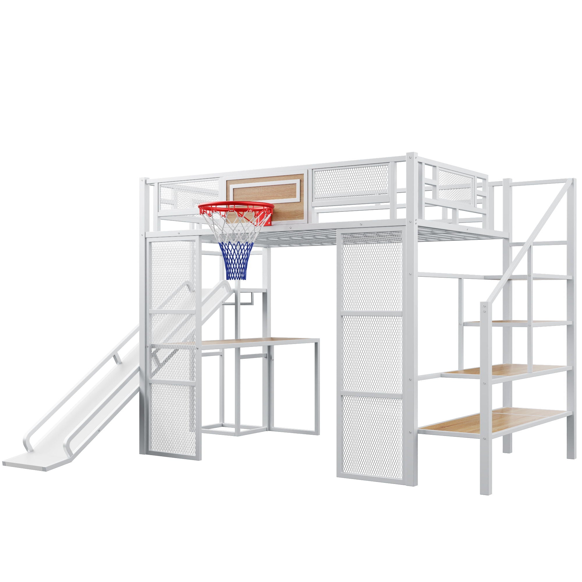 Loft Bed With Built In Desk, Open Wardrobe, Basketball Hoop, Slide And Staircase