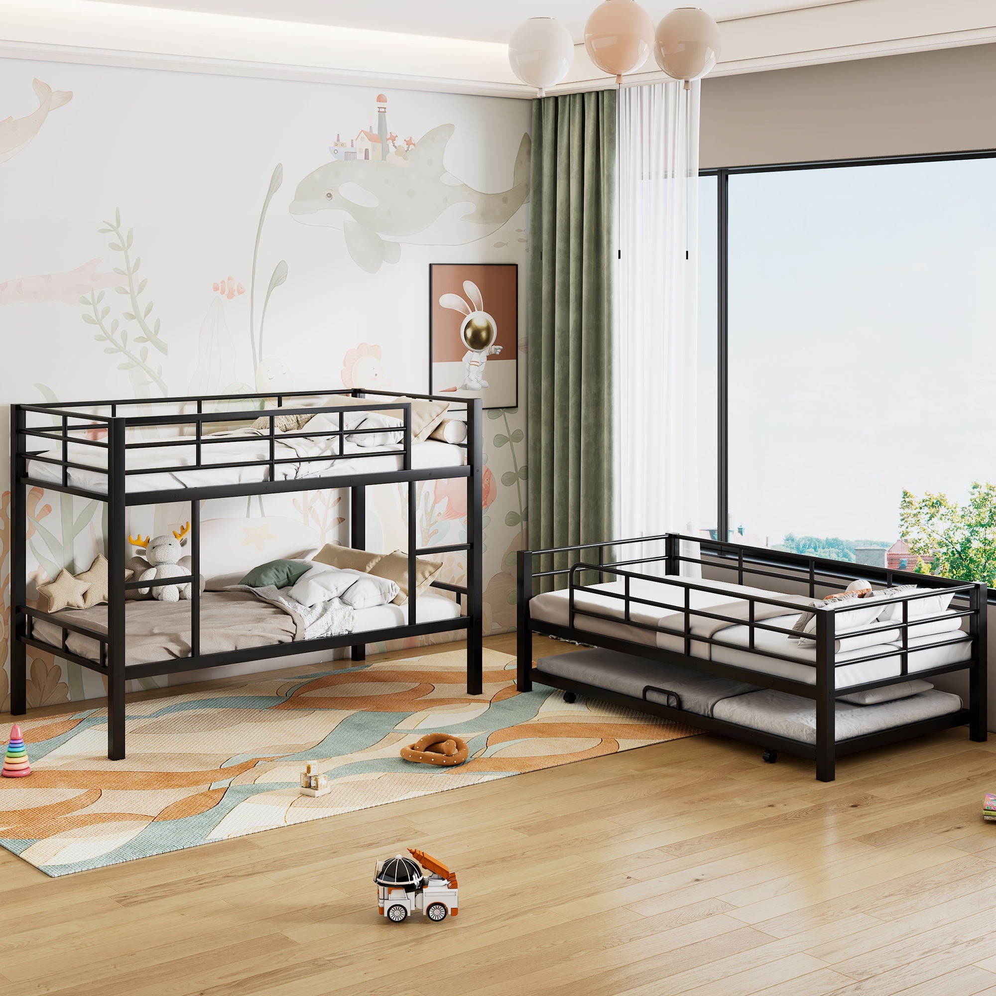 Triple Bunk Bed With Trundle, Heavy Duty Steel Construction