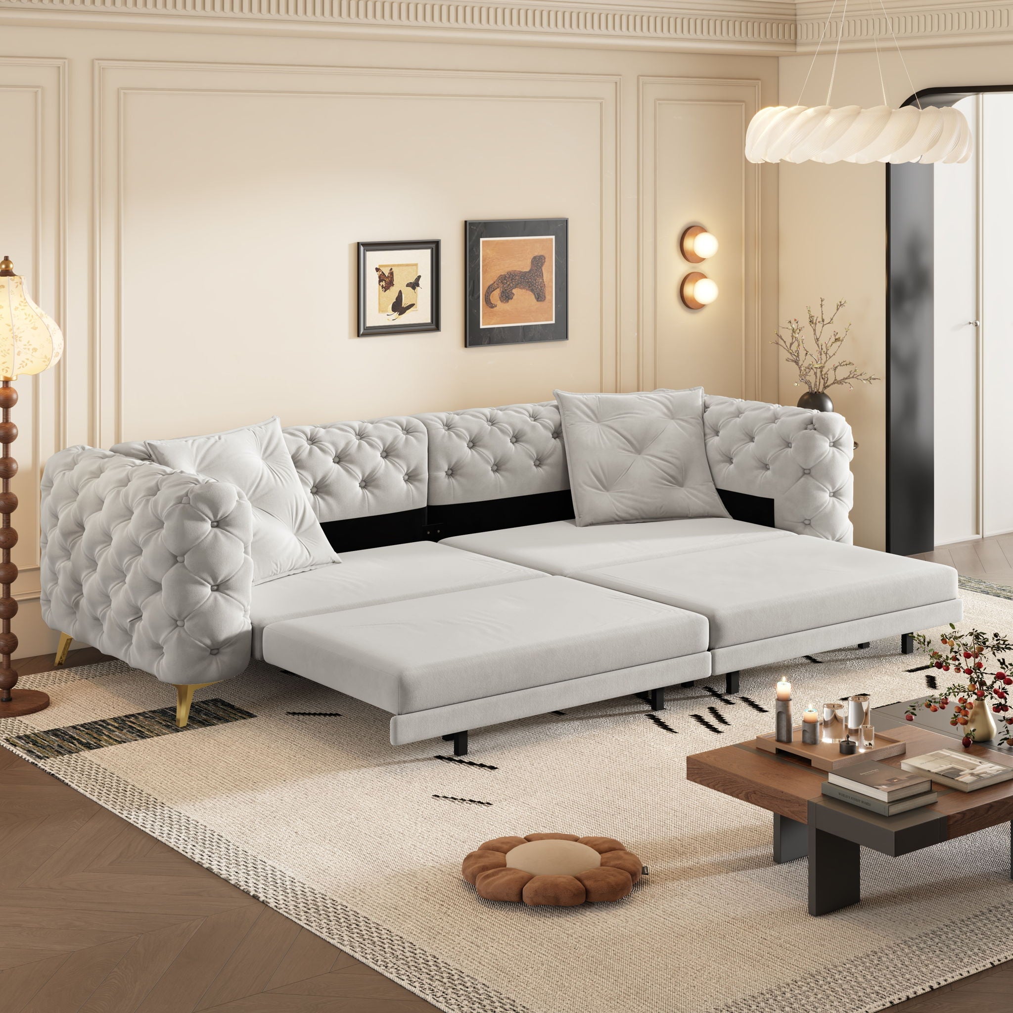 3 In 1 Convertible Sleeper, Deep Seat Pull Out Sofa Bed, Button Tufted