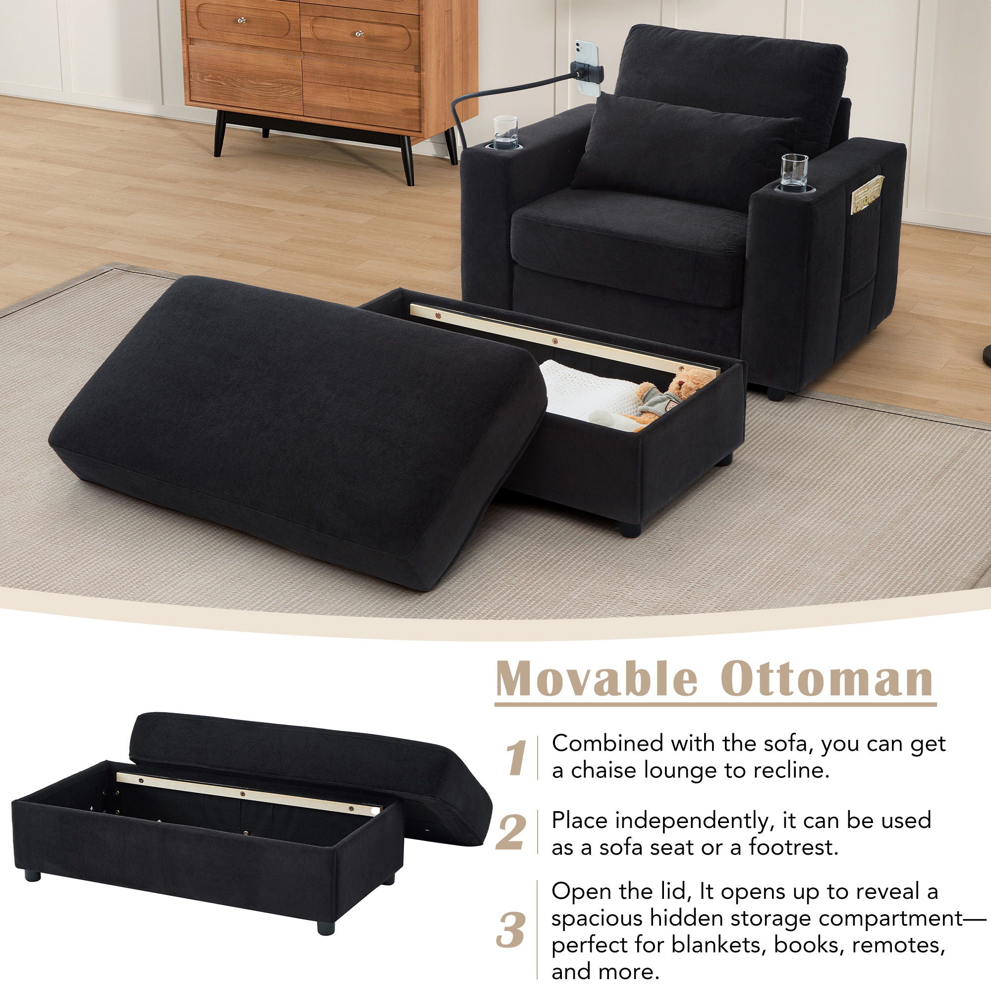 Modern Style Armchair Chaise Lounge Sofa Couch With Movable Storage Ottoman, USB Ports, Cup Holders, Phone Holder, Side Pockets