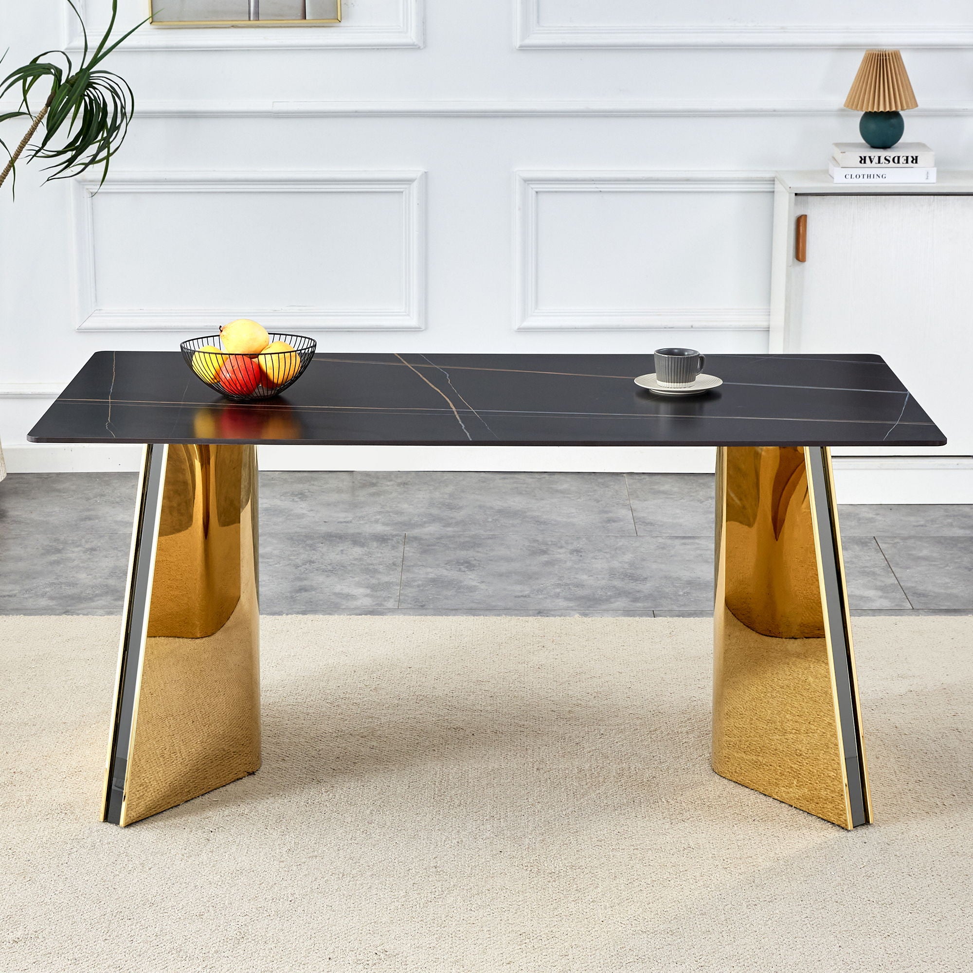 Marble Patterned Slab Dining Table With Steel Butterfly Legs