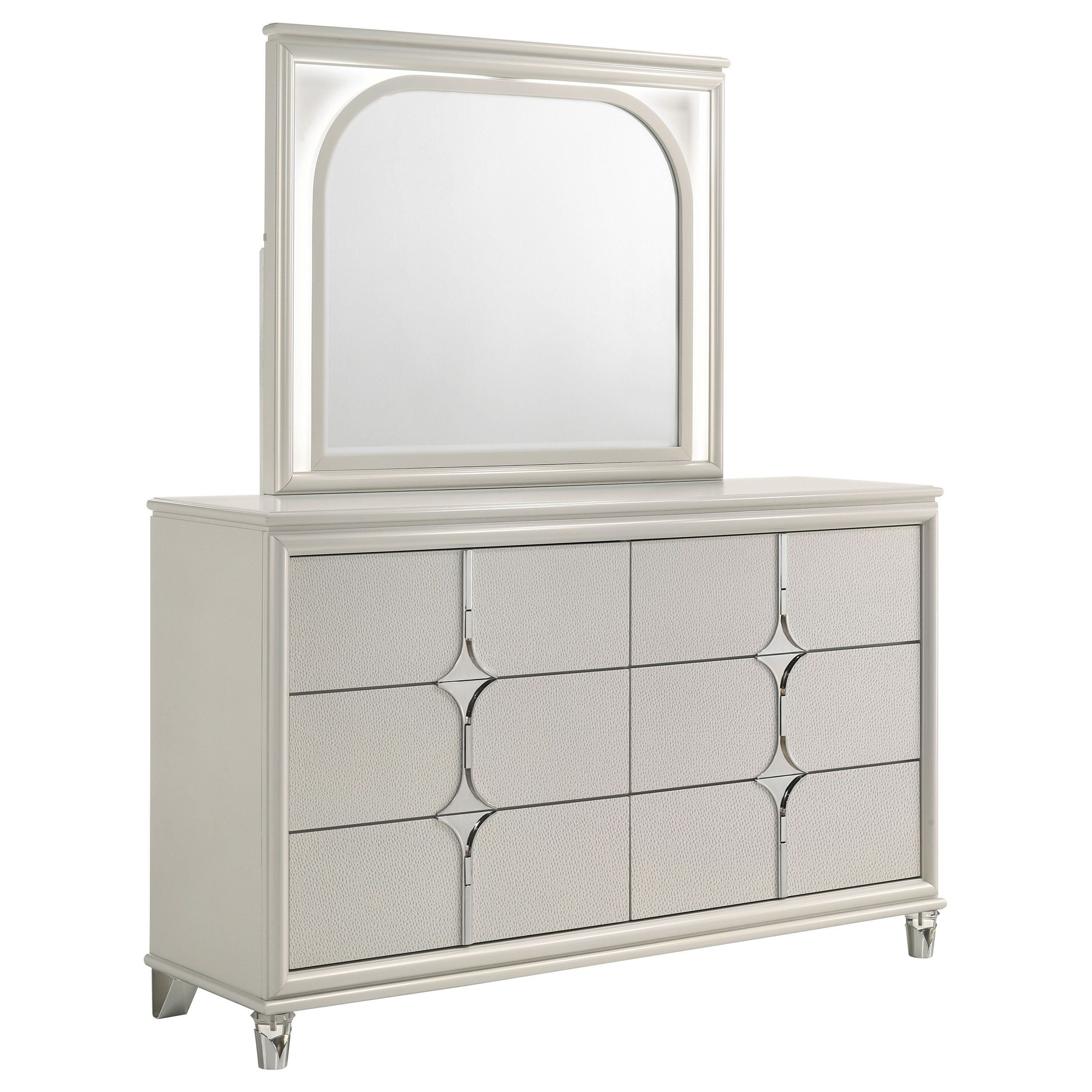 Coaster Fine Furniture Olivia - 6-Drawer Dresser And LED Mirror - Pearl White | Meri Furniture