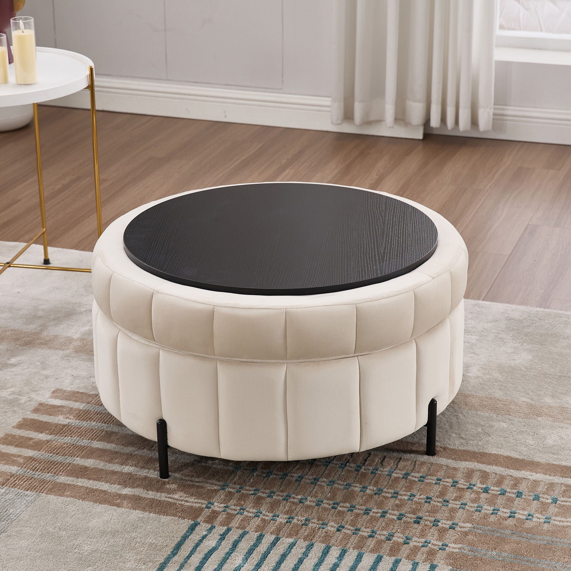 Upholstered Round Ottoman With Reversible Lid, Channel Tufted Pumpkin Shape