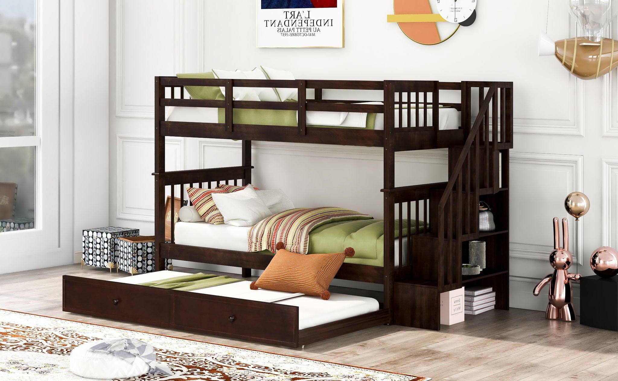 Stairway Bunk Bed With Storage And Guard Rail For Bedroom