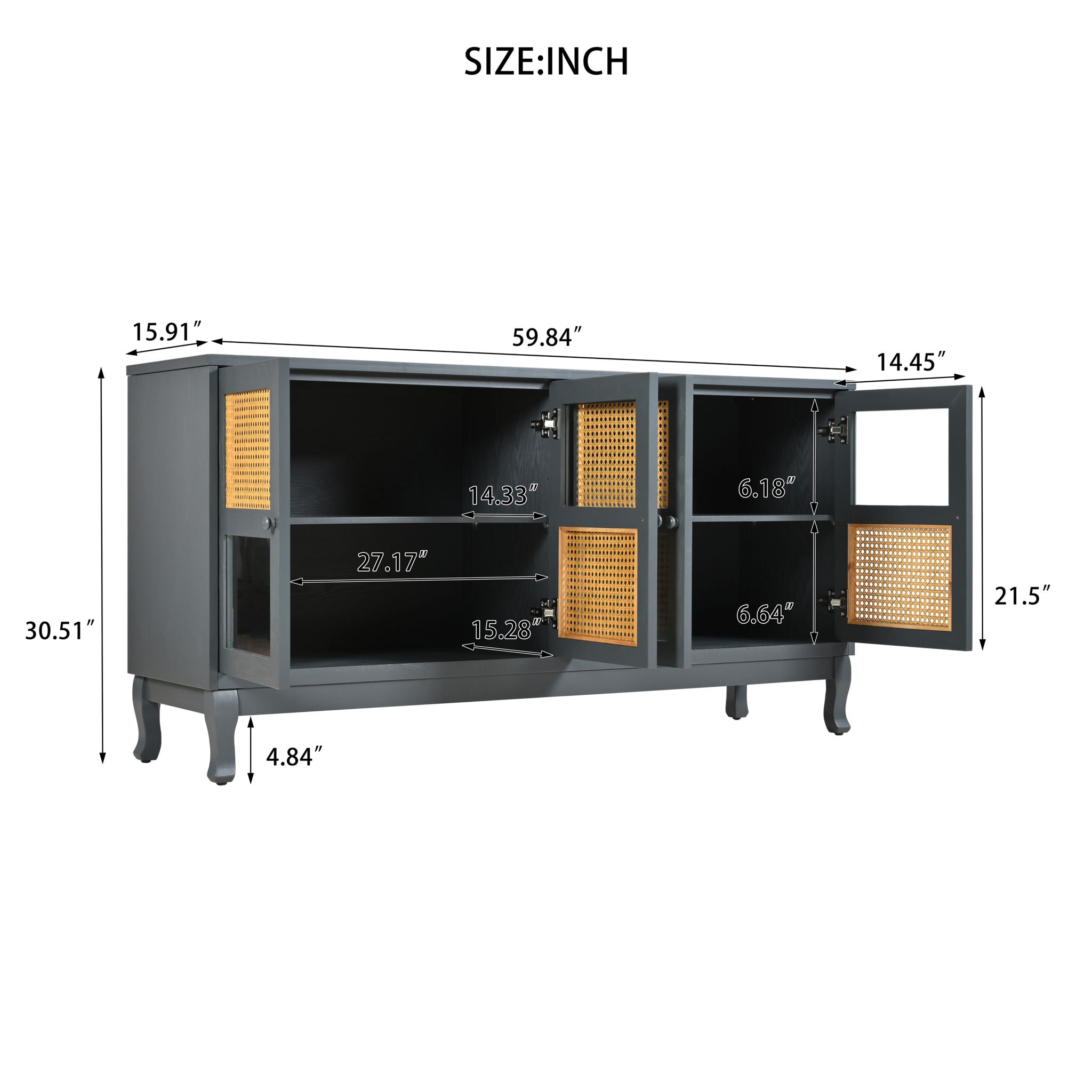 Retro Industrial 4 Door Sideboard With Large Storage, Rattan And Glass Doors