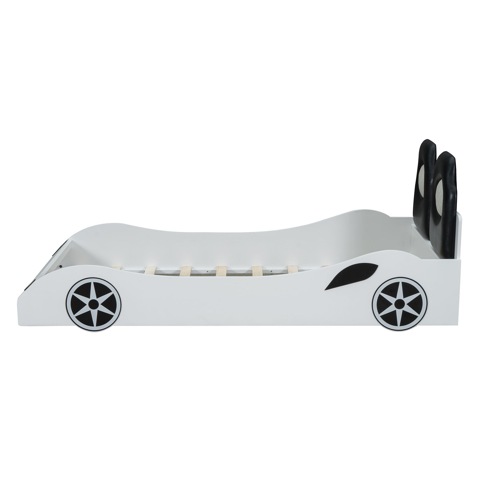 Race Car Shaped Platform Bed With LED And Upholstered Backrest In