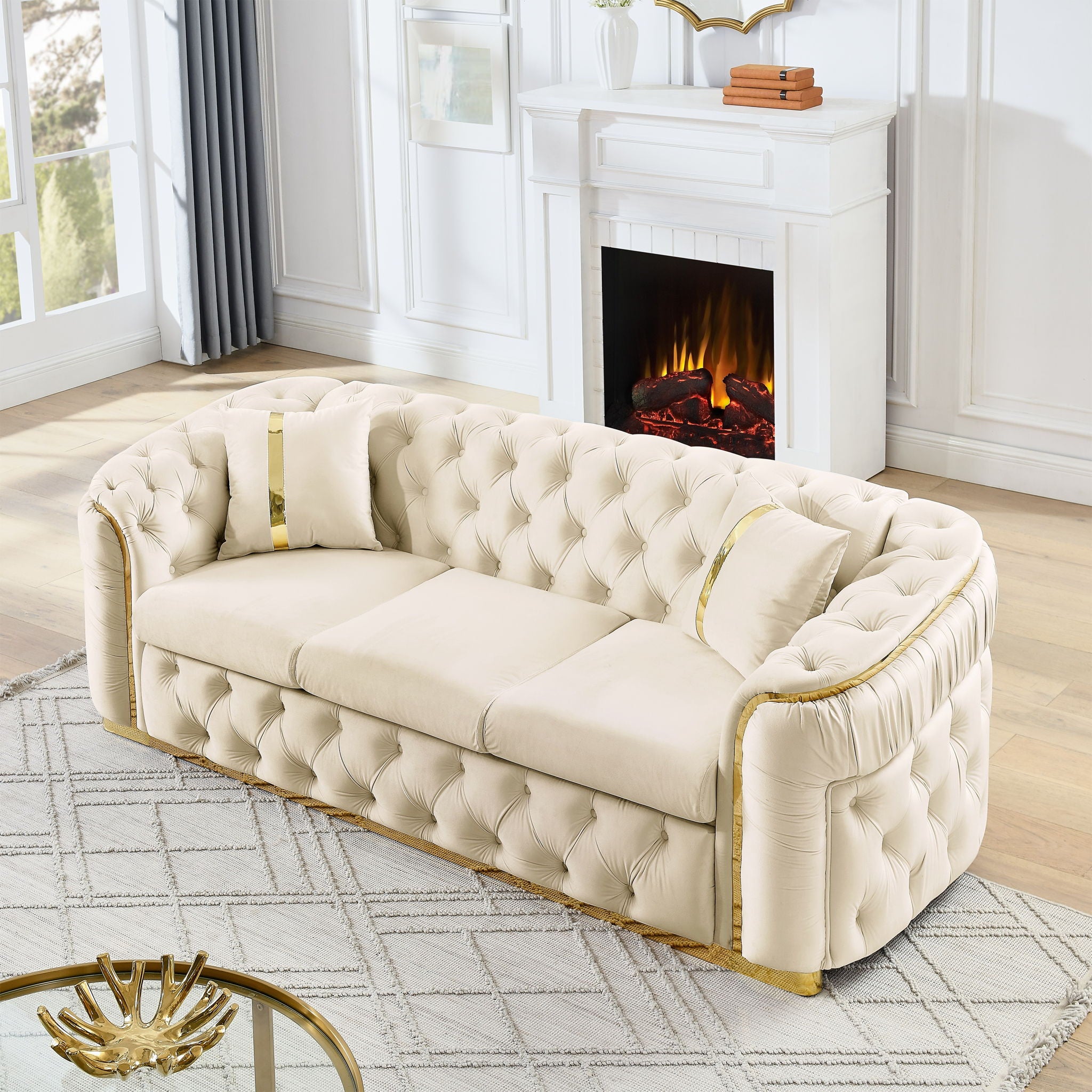 Button Tufted Couch With 2 Pillows, 3 Seater Luxury Chesterfield Sofa