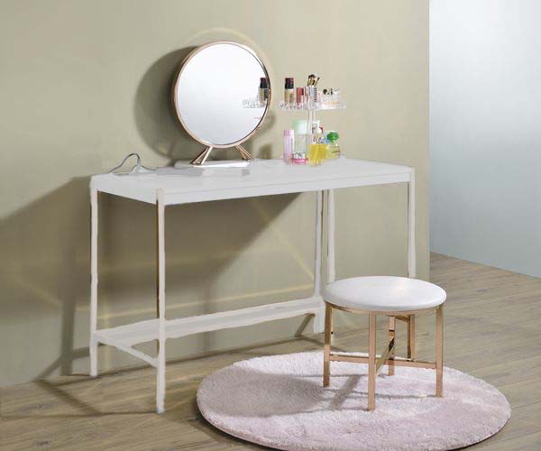 ACME Midriaks - Vanity Mirror & Stool - PU, White & Gold Finish | Meri Furniture