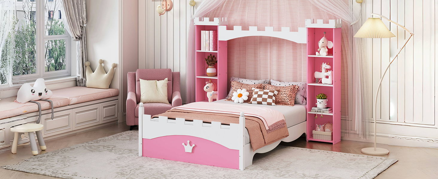 Castle Shaped Bed With Storage Shelf, Dreamy Platform Bed For Kids Bedroom