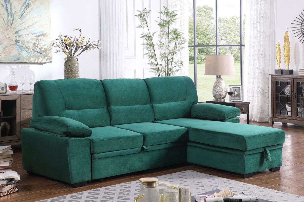 Kipling 97.5"W Green Velvet Fabric Reversible Sleeper Sectional Sofa Chaise