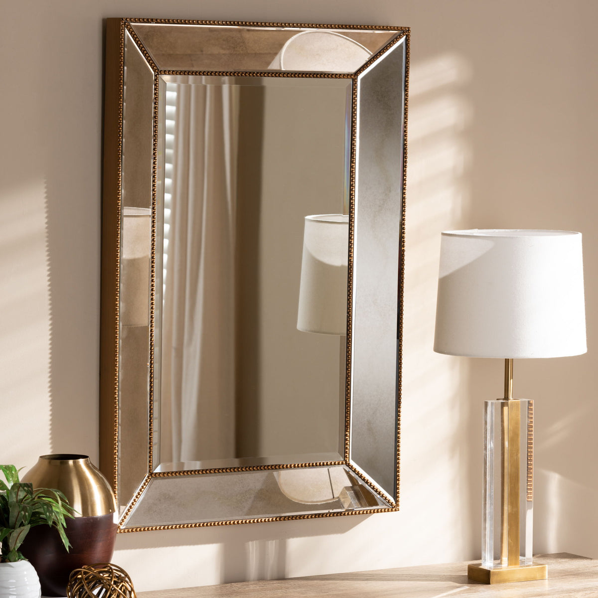 Neva Modern and Contemporary Antique Gold Finished Rectangular Accent Wall Mirror