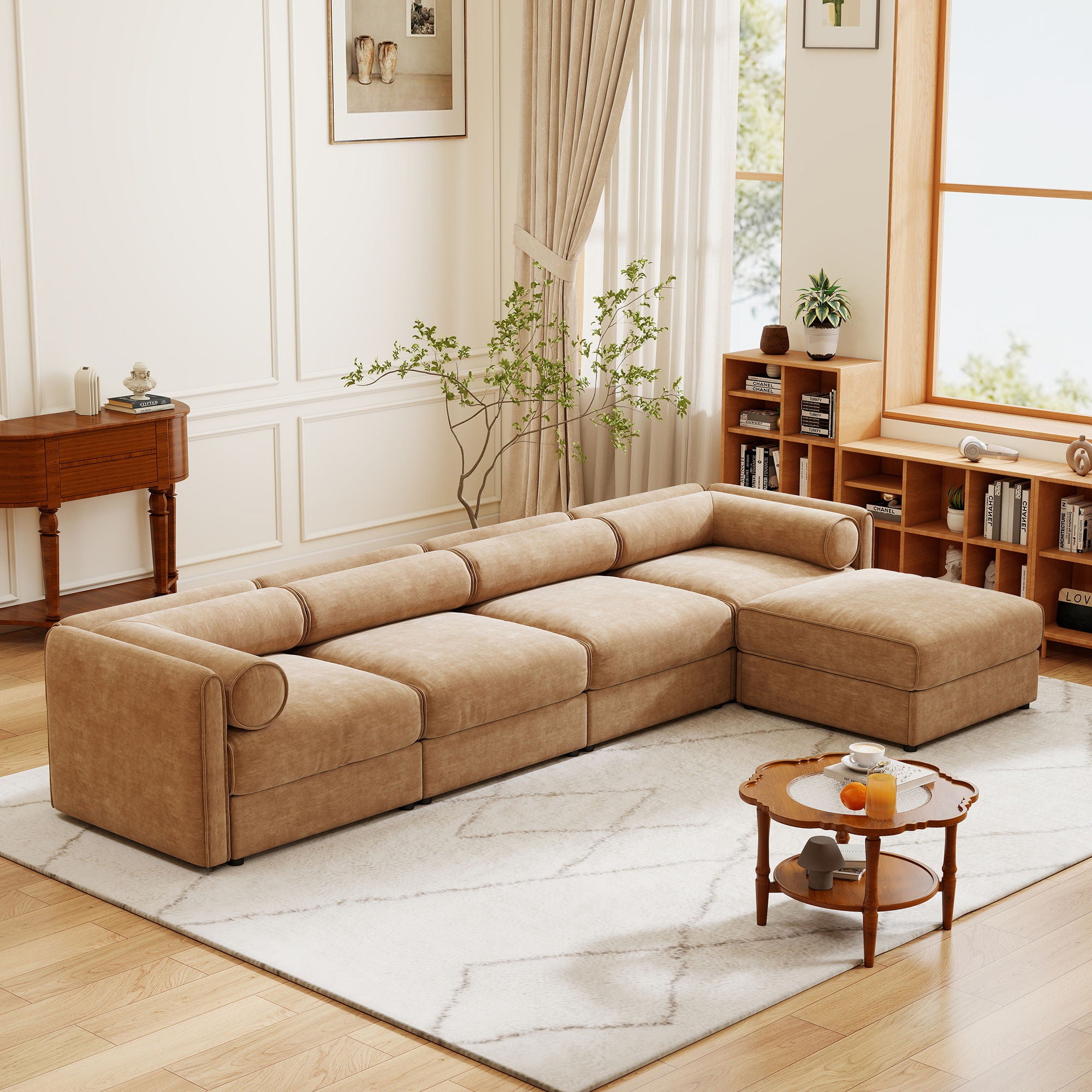 Contemporary Elegant White Chenille Sofa With Storage And Ottoman