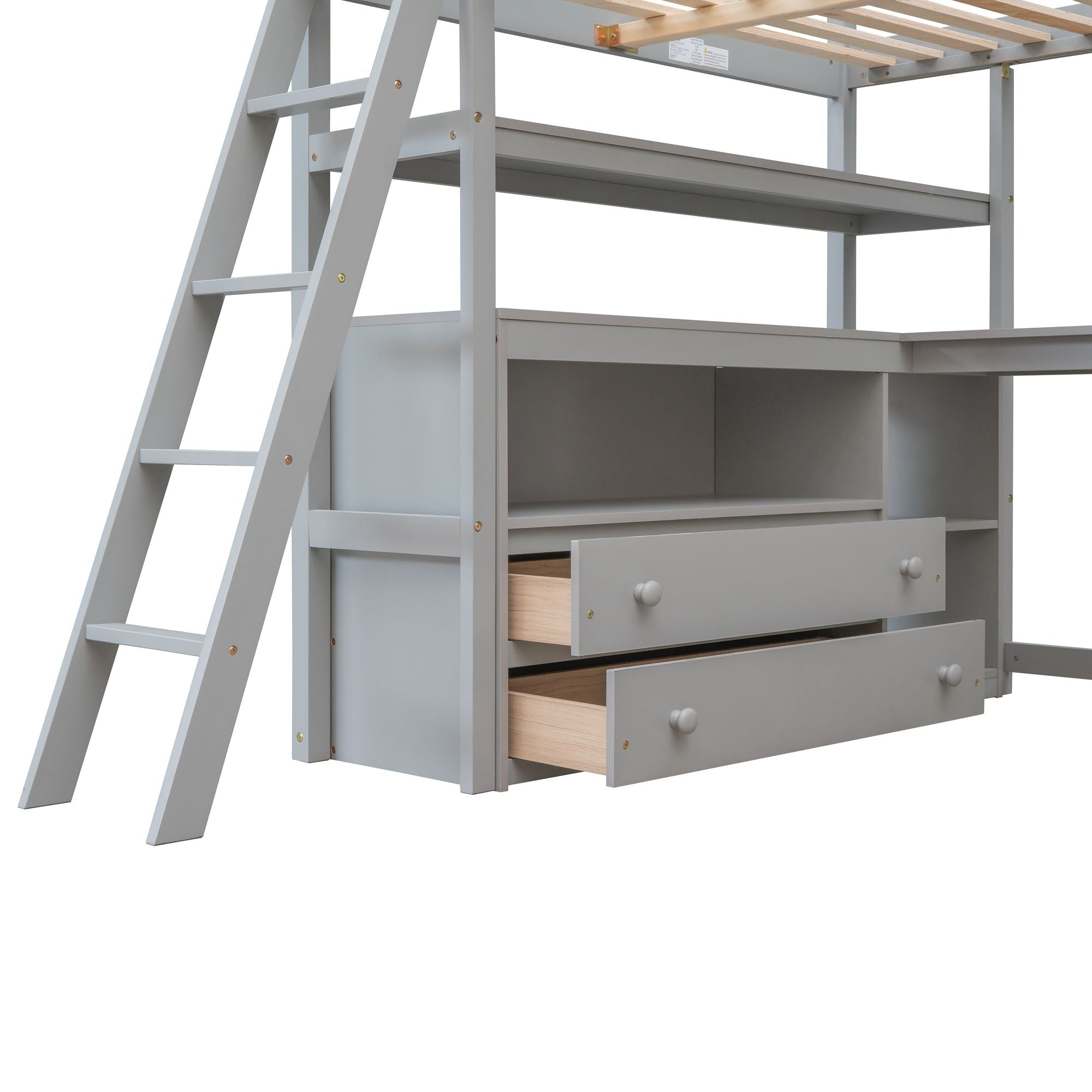 Modern Loft Bed With Built In Desk, Shelves, And 2 Drawers