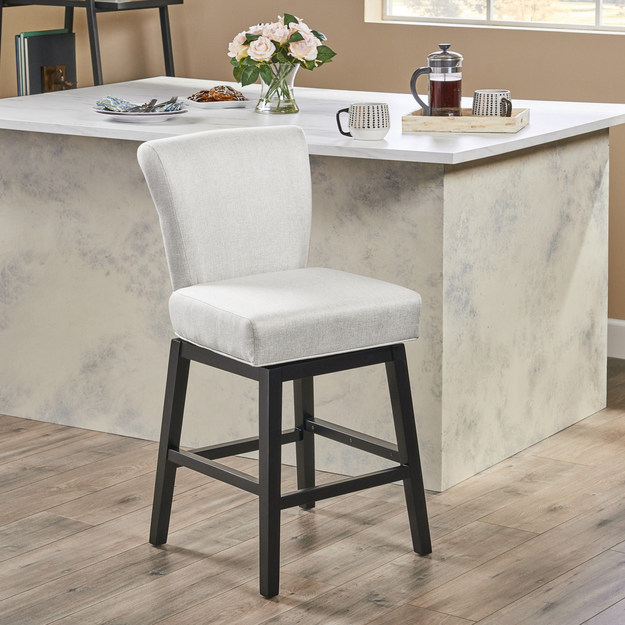 Quicksilvered - Upholstered Swivel Counter Stool With Wood Legs - Beige
